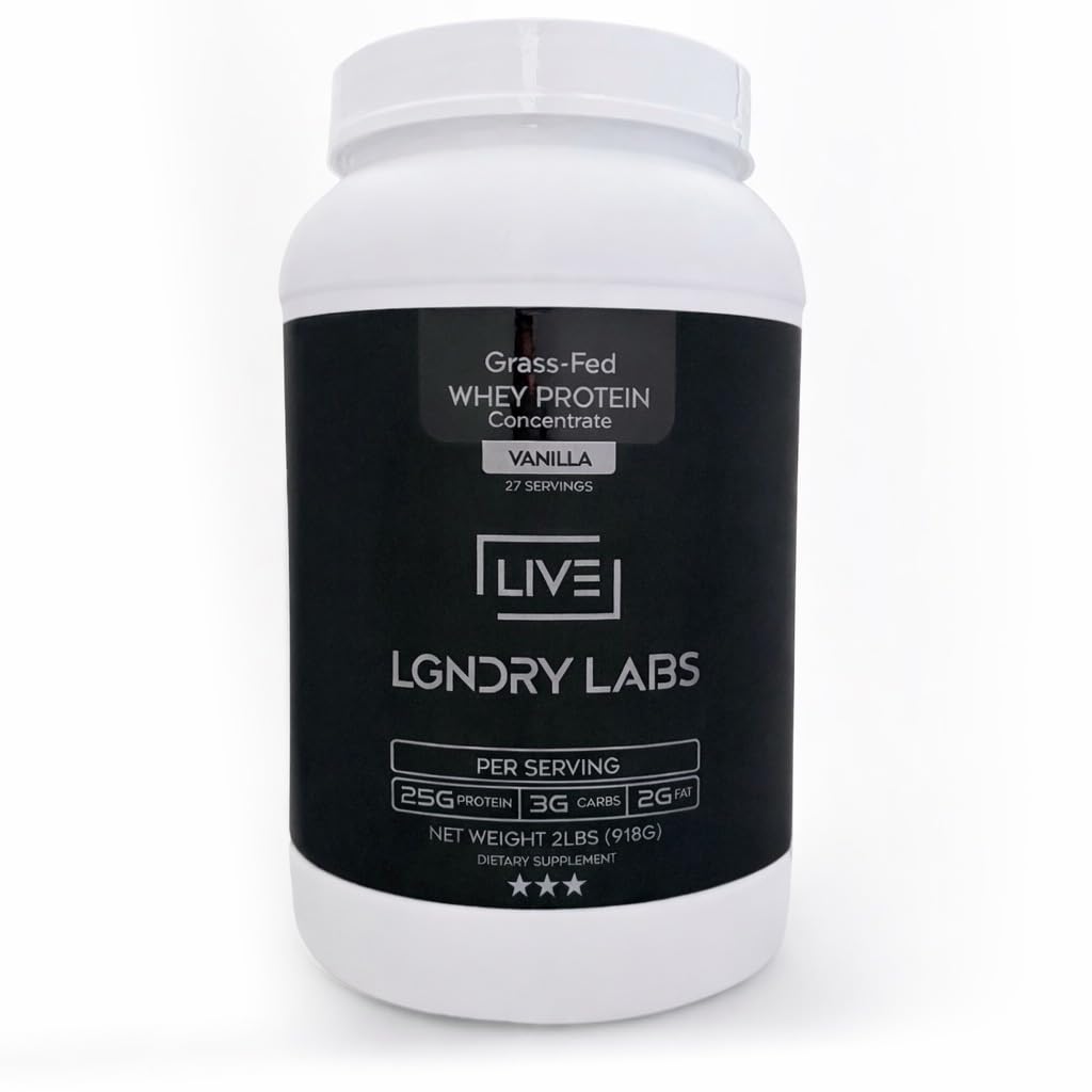 LIVE LGNDRY LABS proteina de suero de pasto vainilla, sabor limpio y alta pureza.