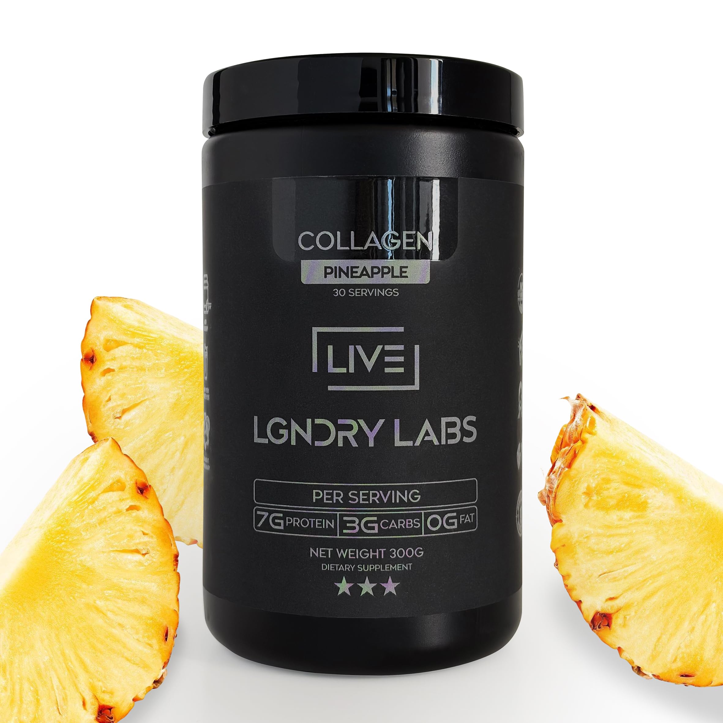LIVE LGNDRY LABS colágeno piña en envase para piel saludable y articulaciones flexibles.
