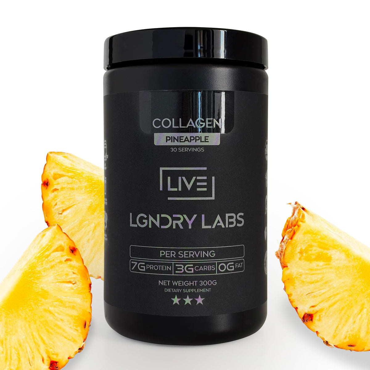 LIVE LGNDRY LABS colágeno piña en envase para piel saludable y articulaciones flexibles.