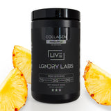 LIVE LGNDRY LABS colágeno piña en envase para piel saludable y articulaciones flexibles.