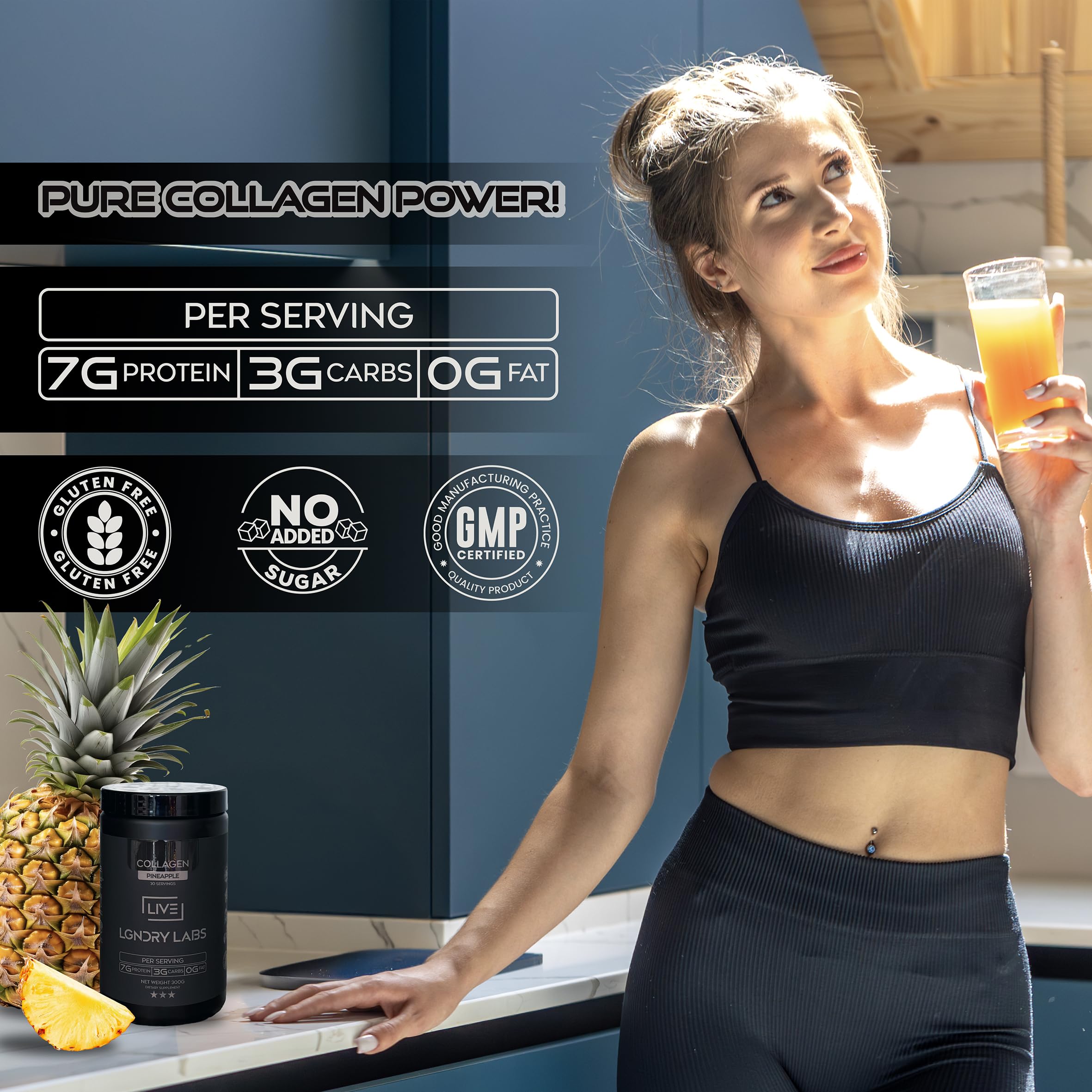 LIVE LGNDRY LABS colágeno piña con medidor, dosificación sencilla en agua.