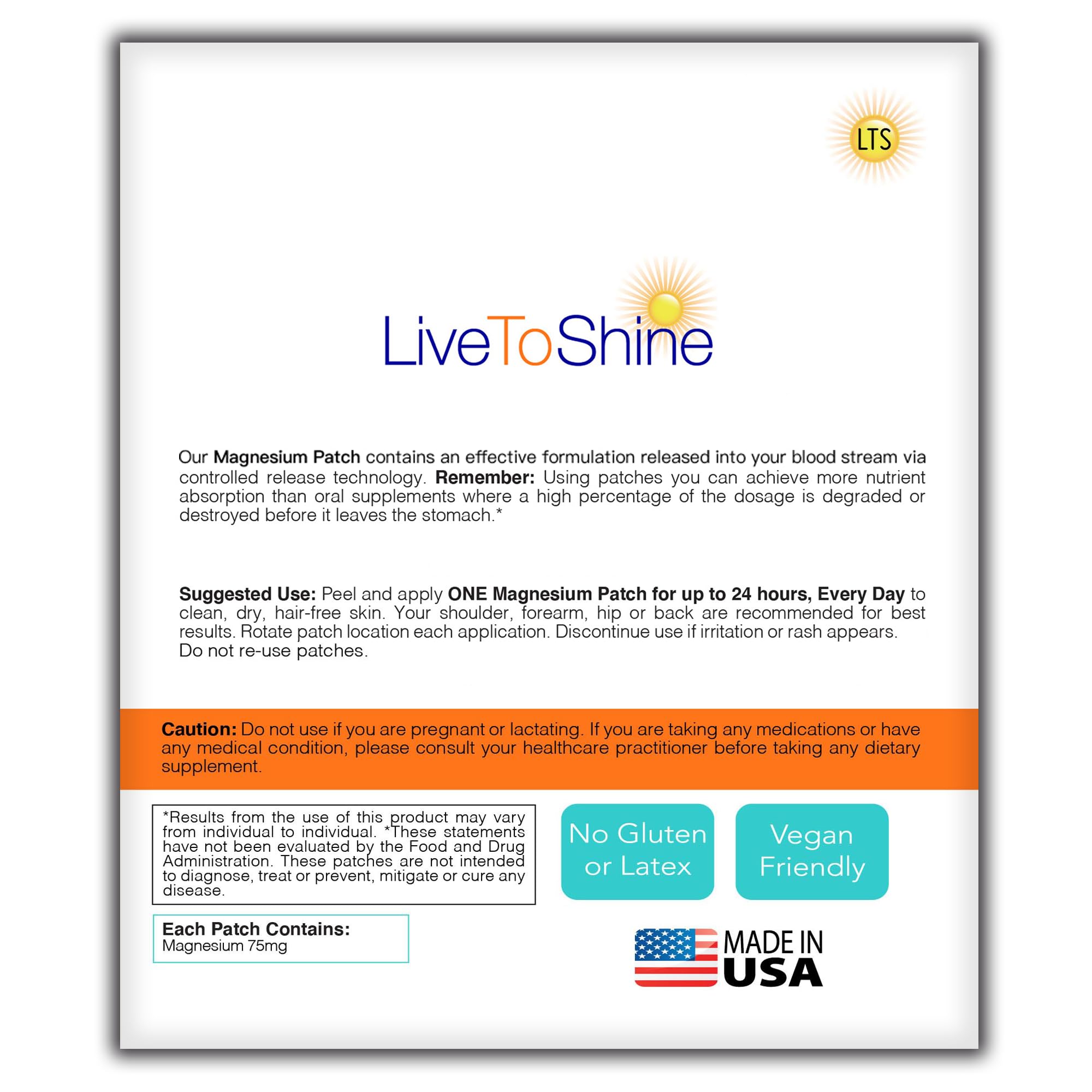 Live To Shine parches magnesio, fórmula de alta absorción para comodidad diaria