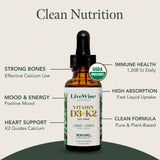 Live Wise Naturals D3 K2 gotas, aplicación bajo la lengua para absorción rápida.