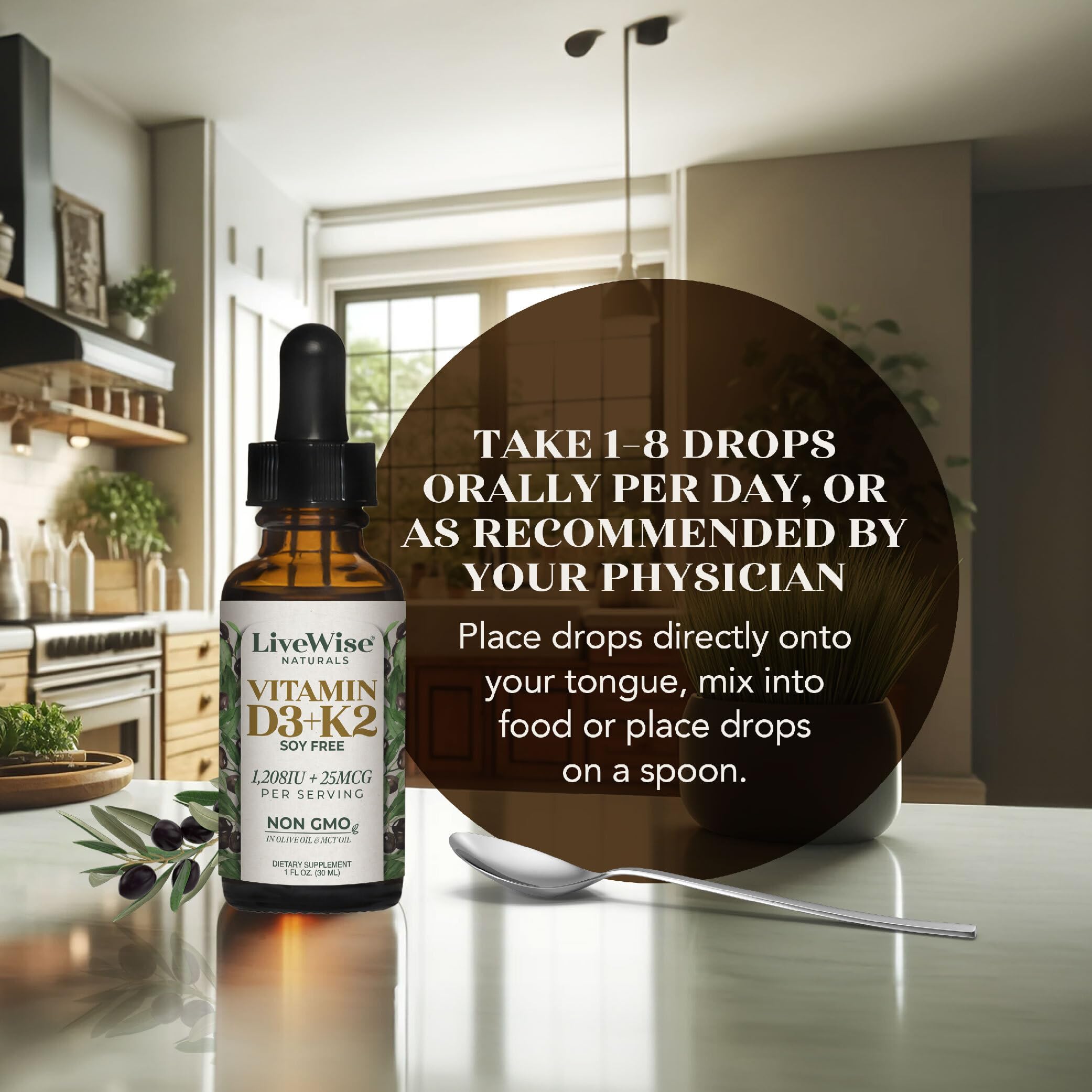 Live Wise Naturals D3 K2 gotas, envase compacto para llevar.
