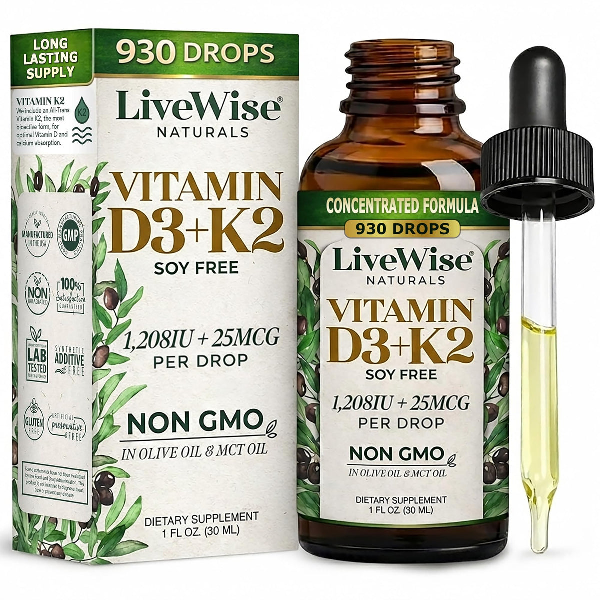 Live Wise Naturals D3 K2 gotas, frasco-ambar, entrega rápida de nutrientes.