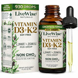 Live Wise Naturals D3 K2 gotas, frasco-ambar, entrega rápida de nutrientes.