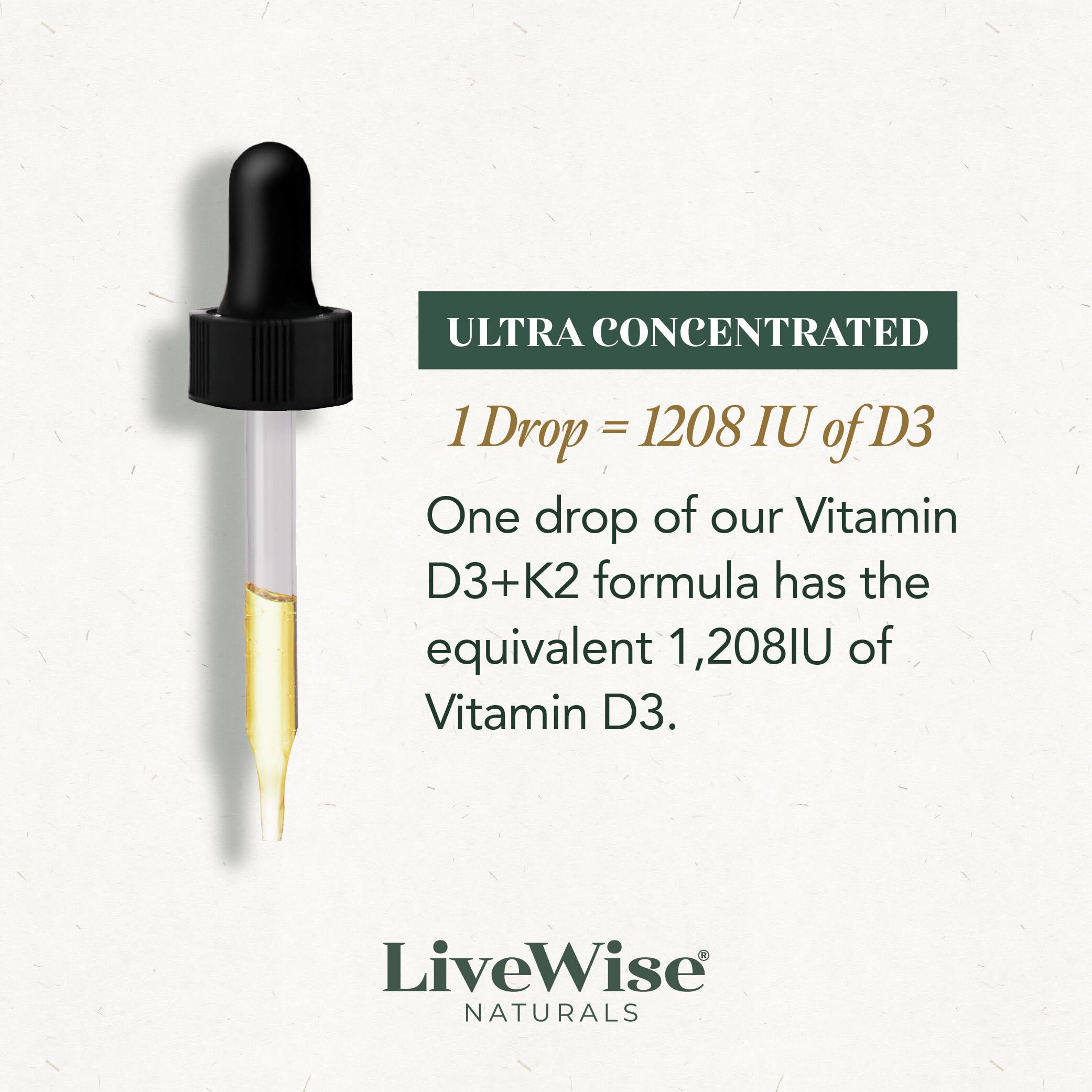 Live Wise Naturals D3 K2 gotas, mezcla fácil con alimentos o bebidas.