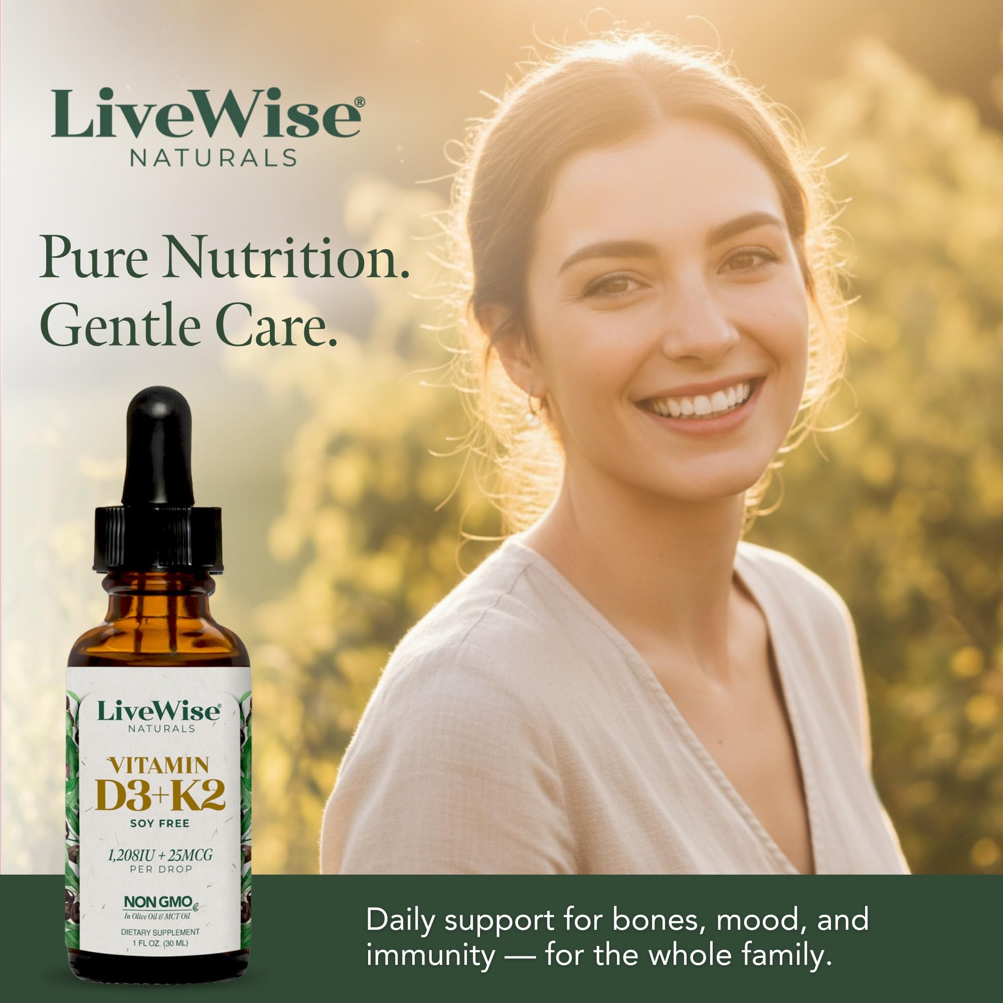 Live Wise Naturals D3 K2 gotas, complemento diario para el soporte general de huesos.