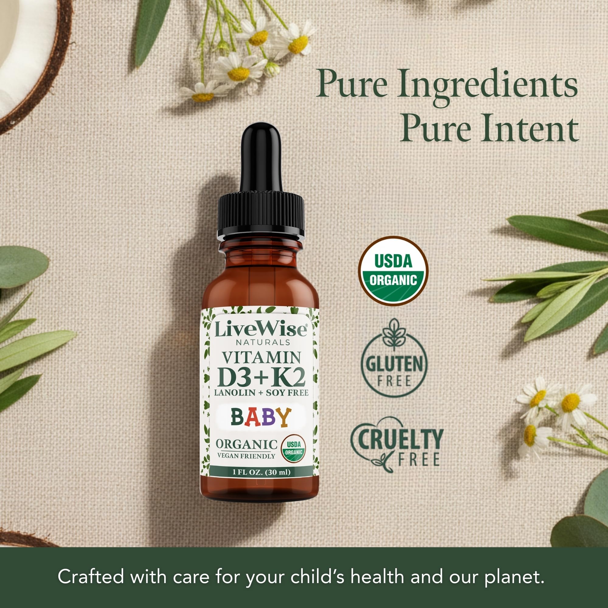 Live Wise Naturals gotas para bebé; aplicar directamente en la boca.
