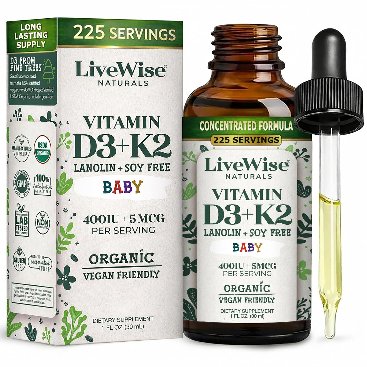 Live Wise Naturals gotas para bebé, bote concentrado para dosis precisas.