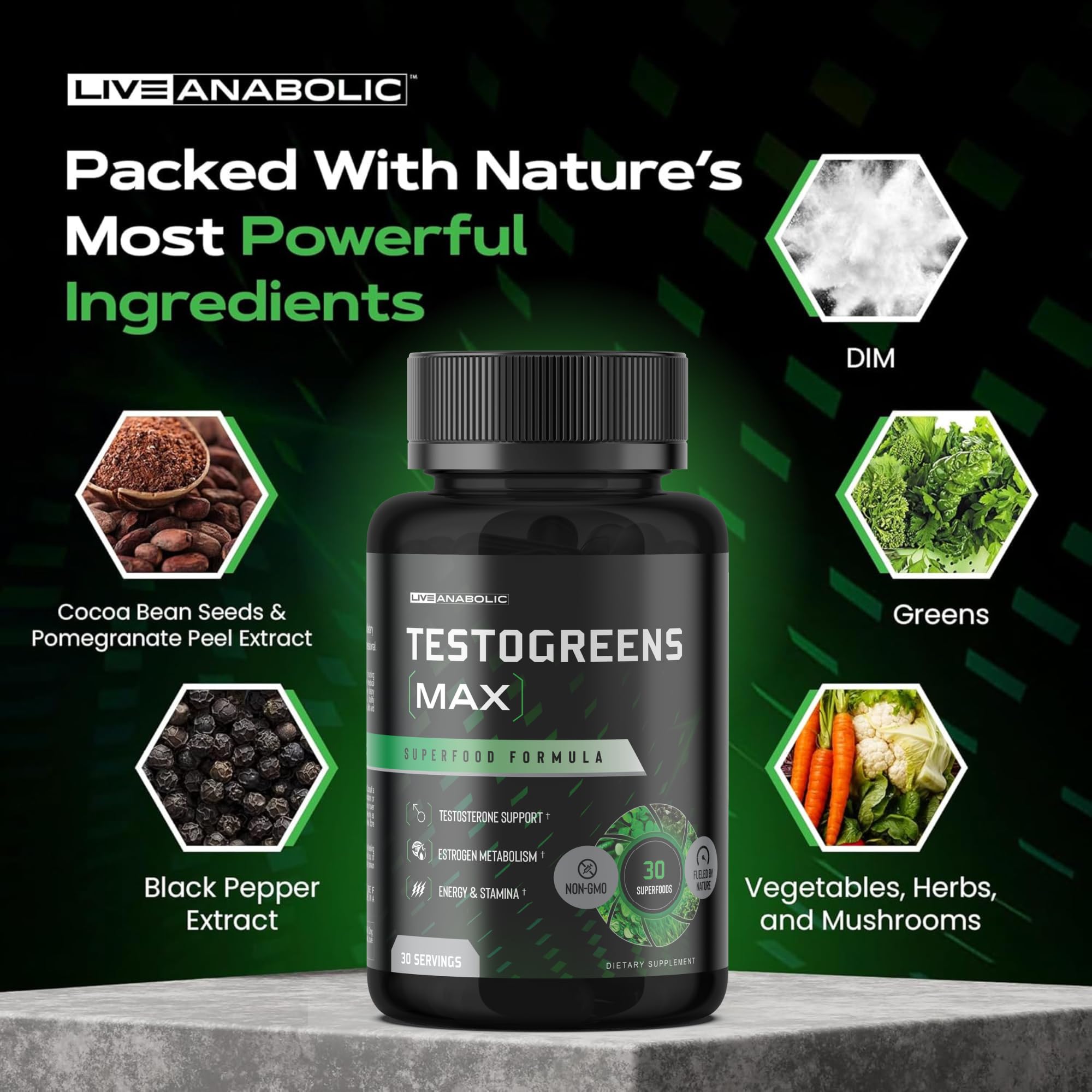Live Anabolic TestoGreens Max, DIM para equilibrio hormonal natural.