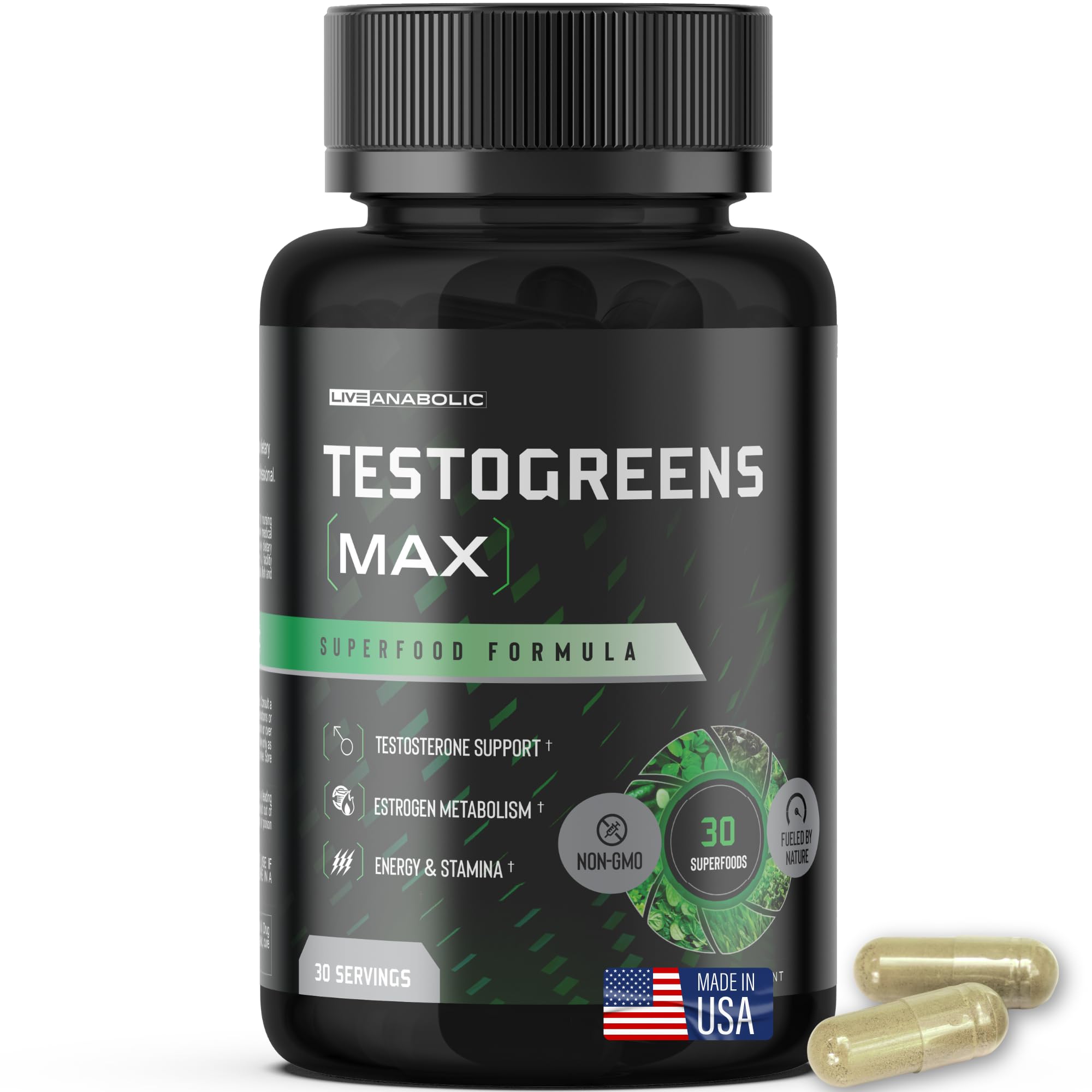 Live Anabolic TestoGreens Max, envase de cápsulas, soporte diario de energía.