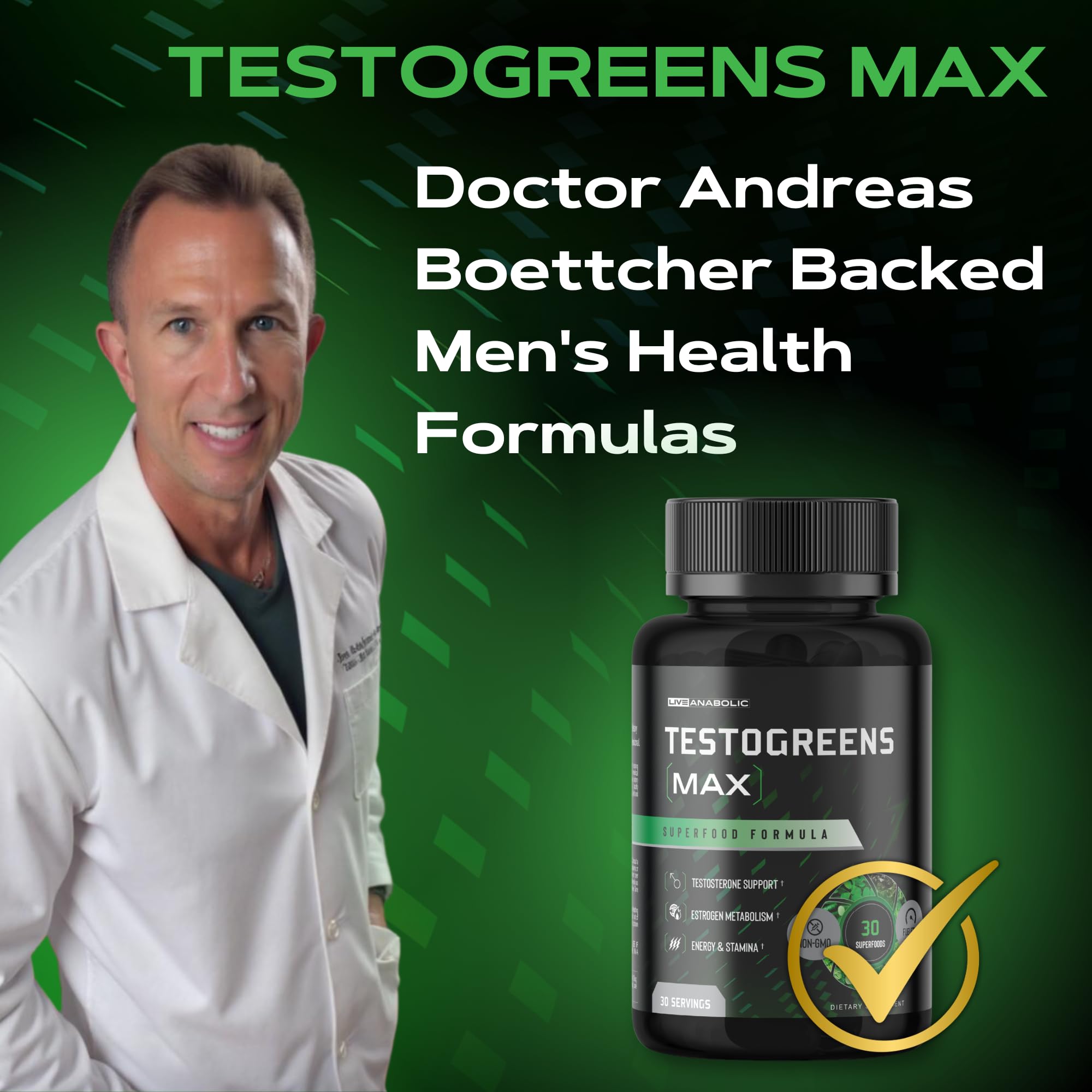 Live Anabolic TestoGreens Max, etiqueta frontal, resalta los ingredientes clave.