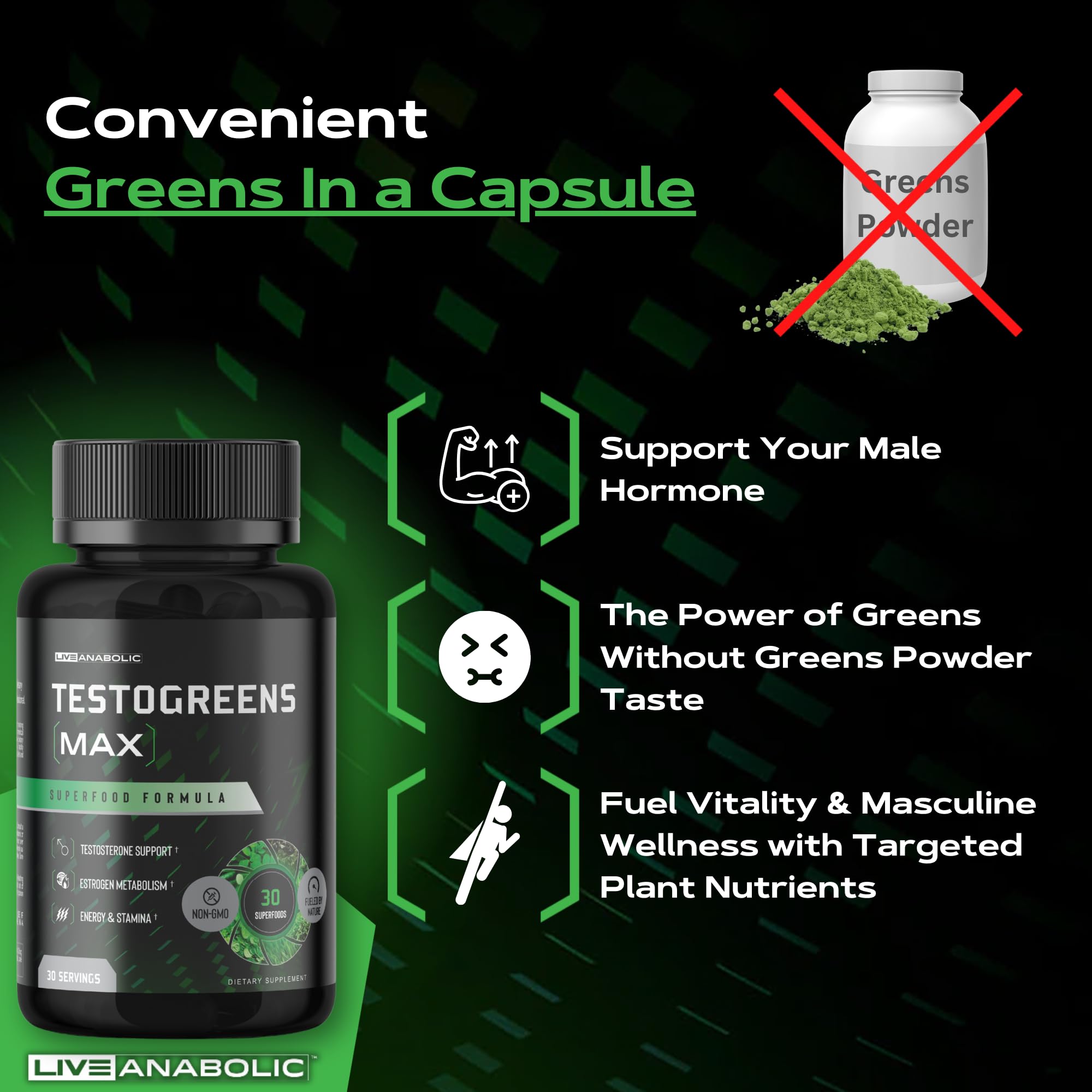 Live Anabolic TestoGreens Max, extracto de granada, antioxidantes potenciales para el día.