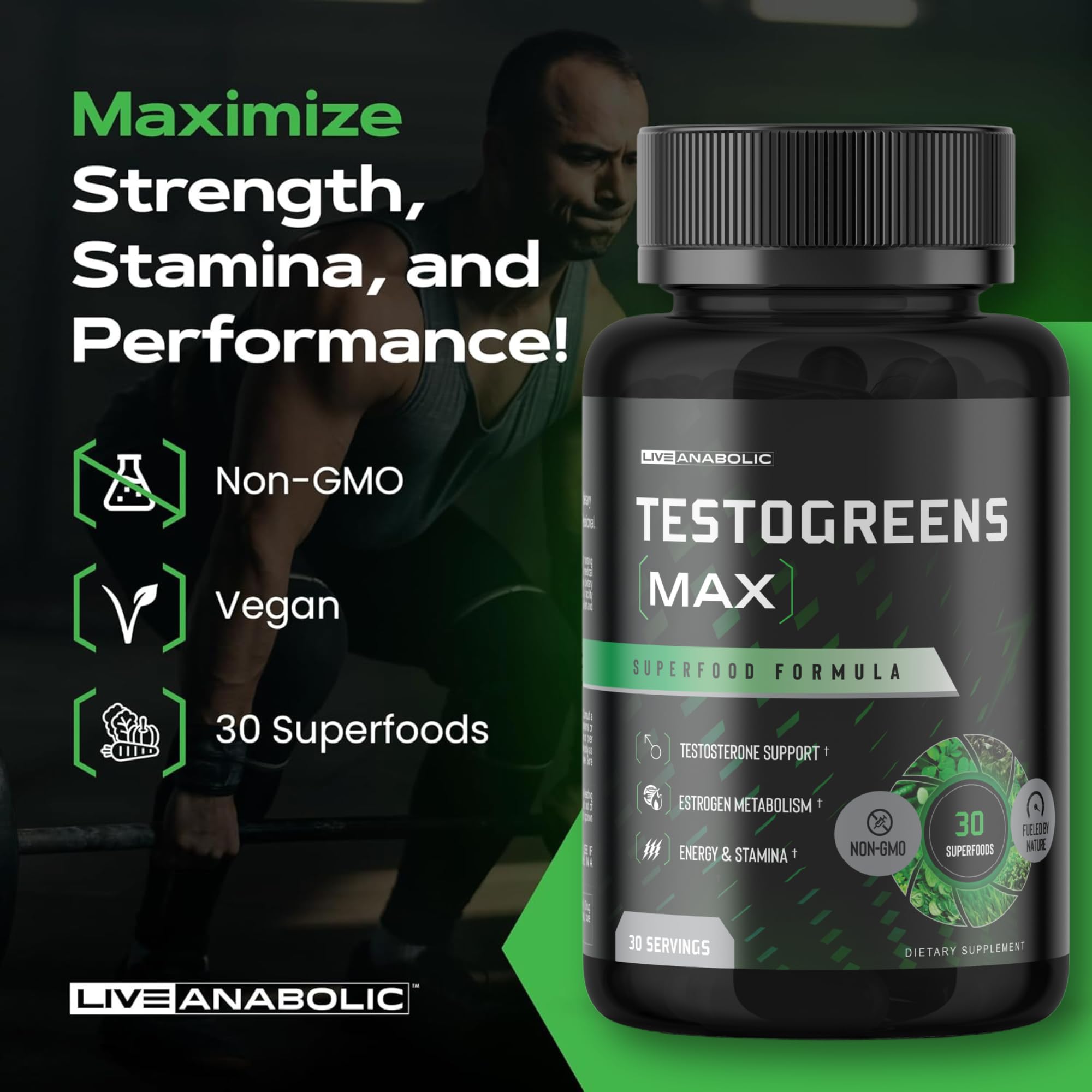 Live Anabolic TestoGreens Max, pimienta negra para mejor absorción de nutrientes.