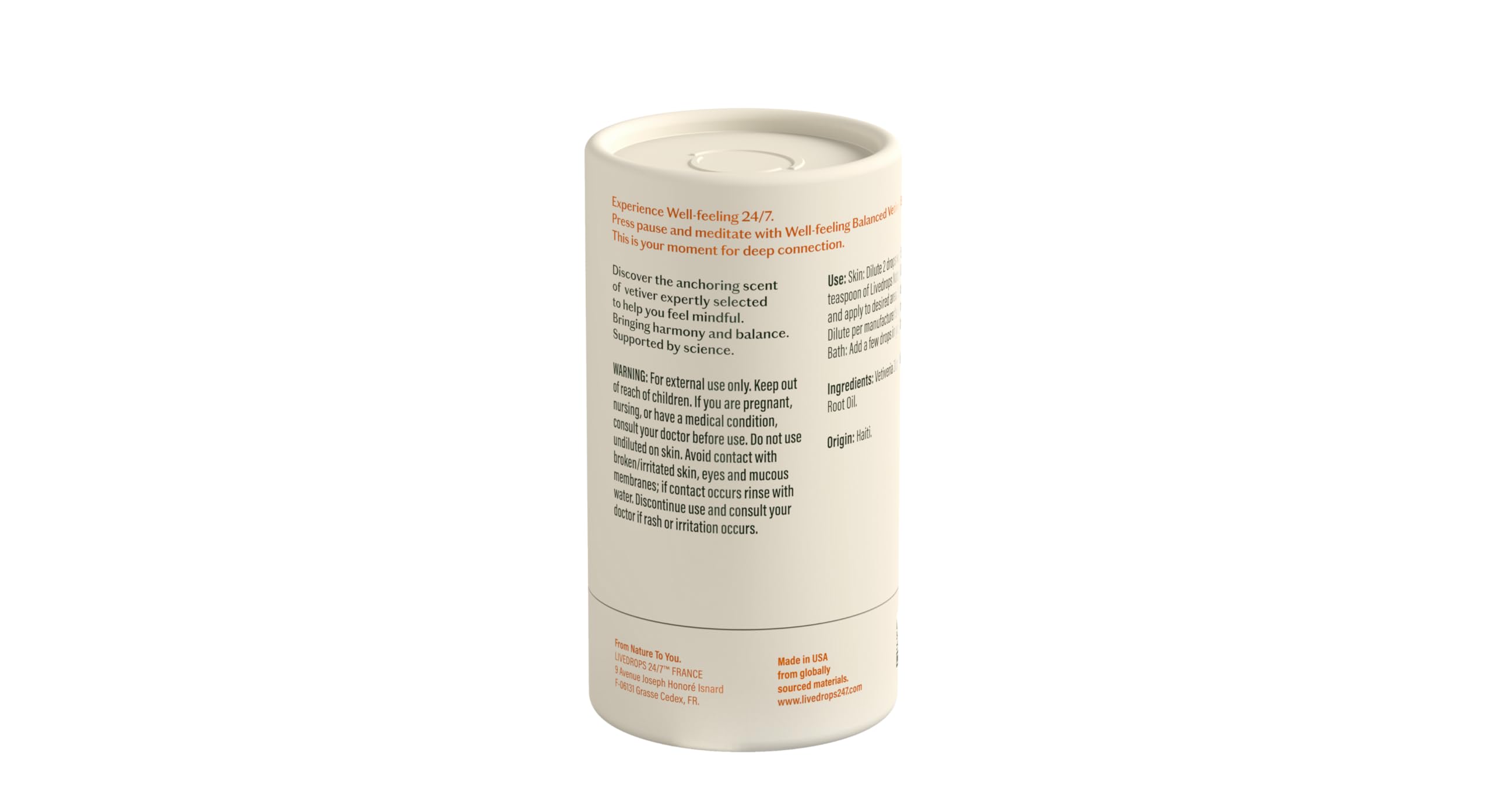 Livedrops 24/7 Vetiver Balance, aroma perfumista natural para aromaterapia.