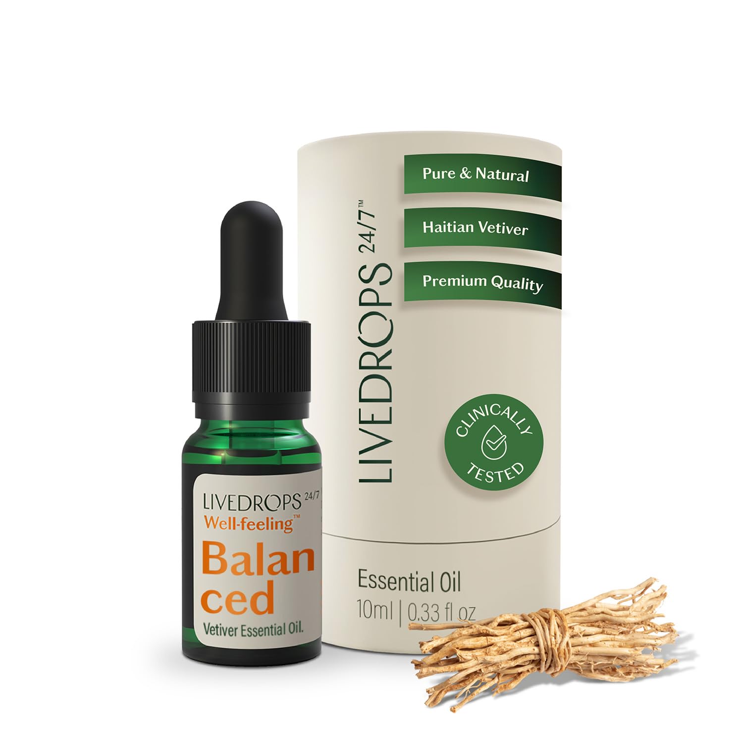 Livedrops 24/7 Vetiver Balance, botella de 10 ml, aroma terroso para centrar la mente.