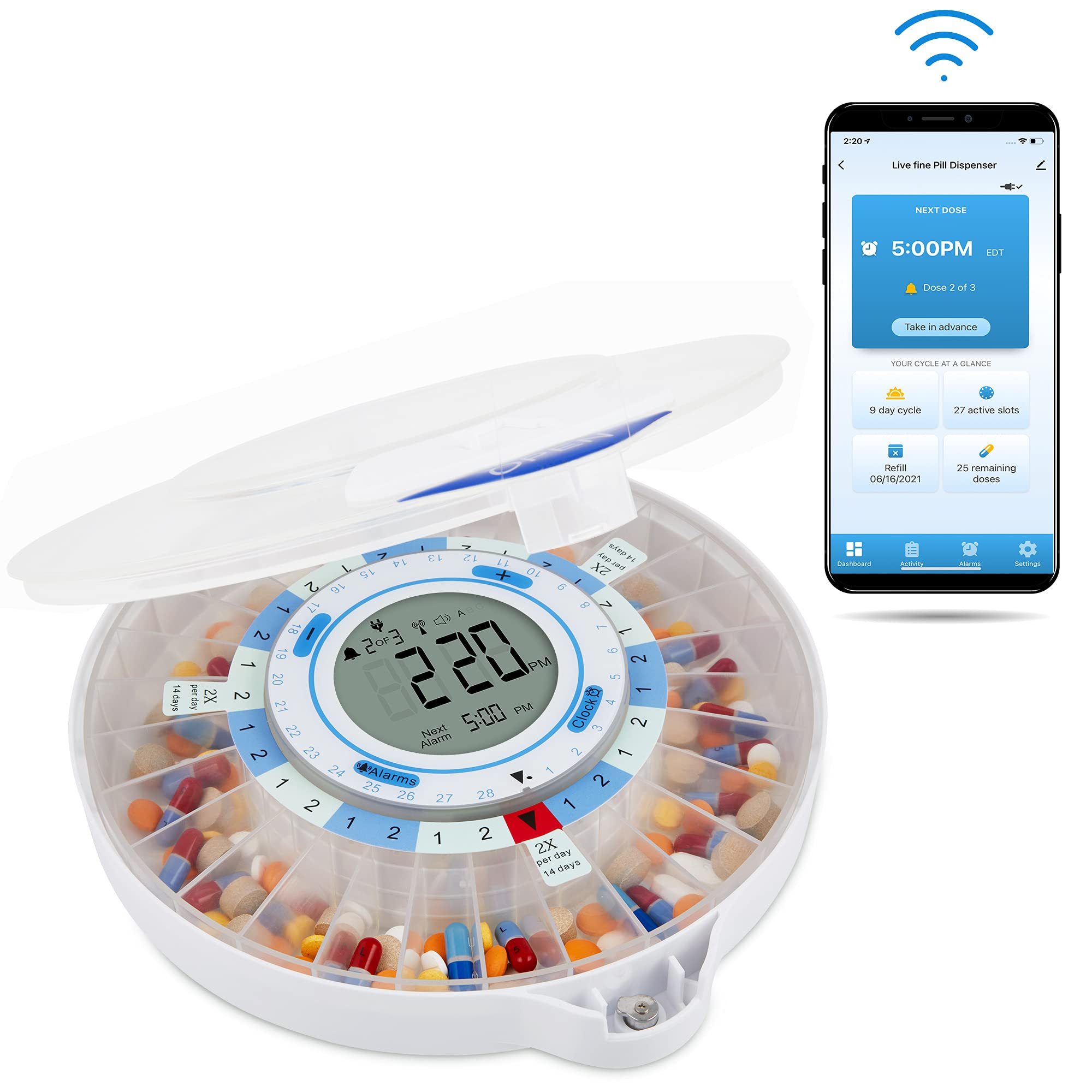 LiveFine dispensador de pastillas con wifi, vista frontal para organización y monitoreo