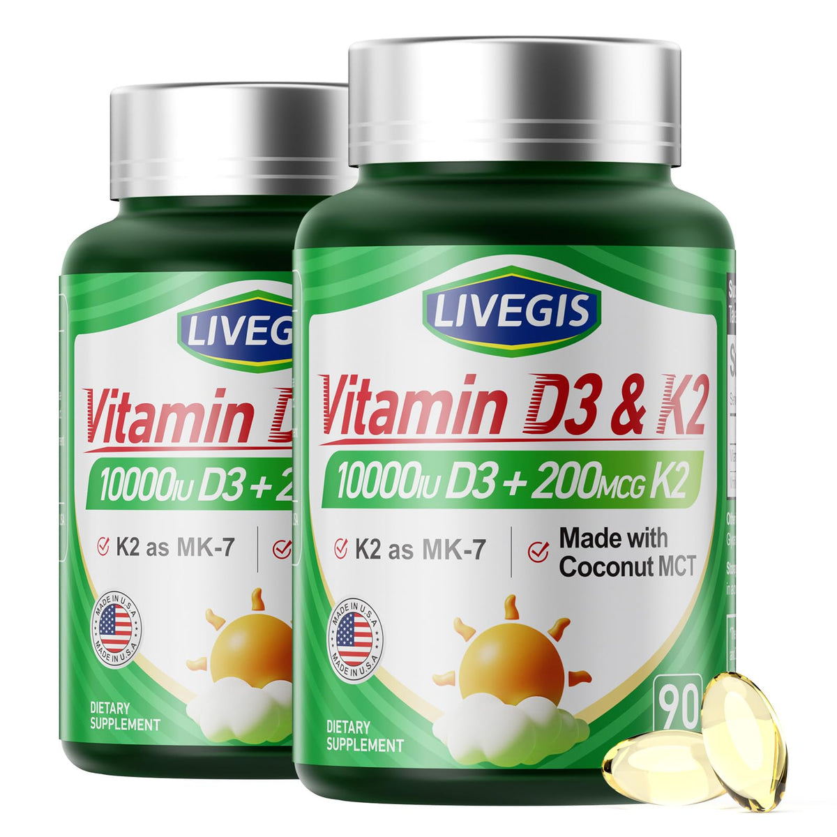 LIVEGIS Vitamin D3 K2 Softgels, botella frontal, apoyo a la absorción de calcio