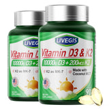 LIVEGIS Vitamin D3 K2 Softgels, botella frontal, apoyo a la absorción de calcio