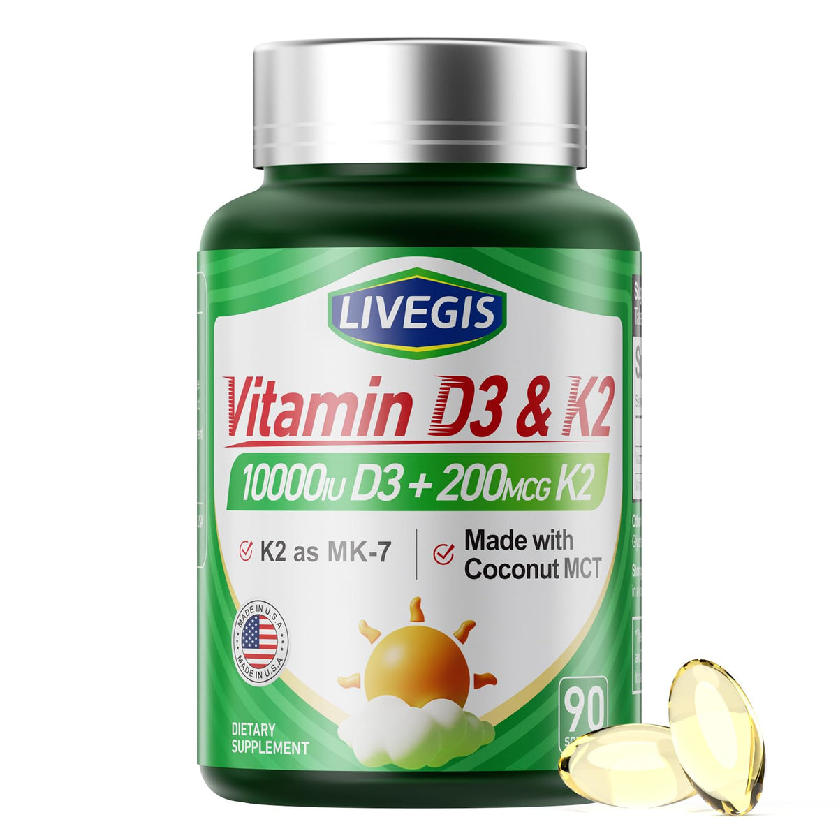 LIVEGIS vitamina D3 K2 cápsulas con aceite de coco para mejor absorción diaria.