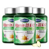 LIVEGIS Vitamina D3 K2 en cápsulas blandas con aceite de coco para absorción.