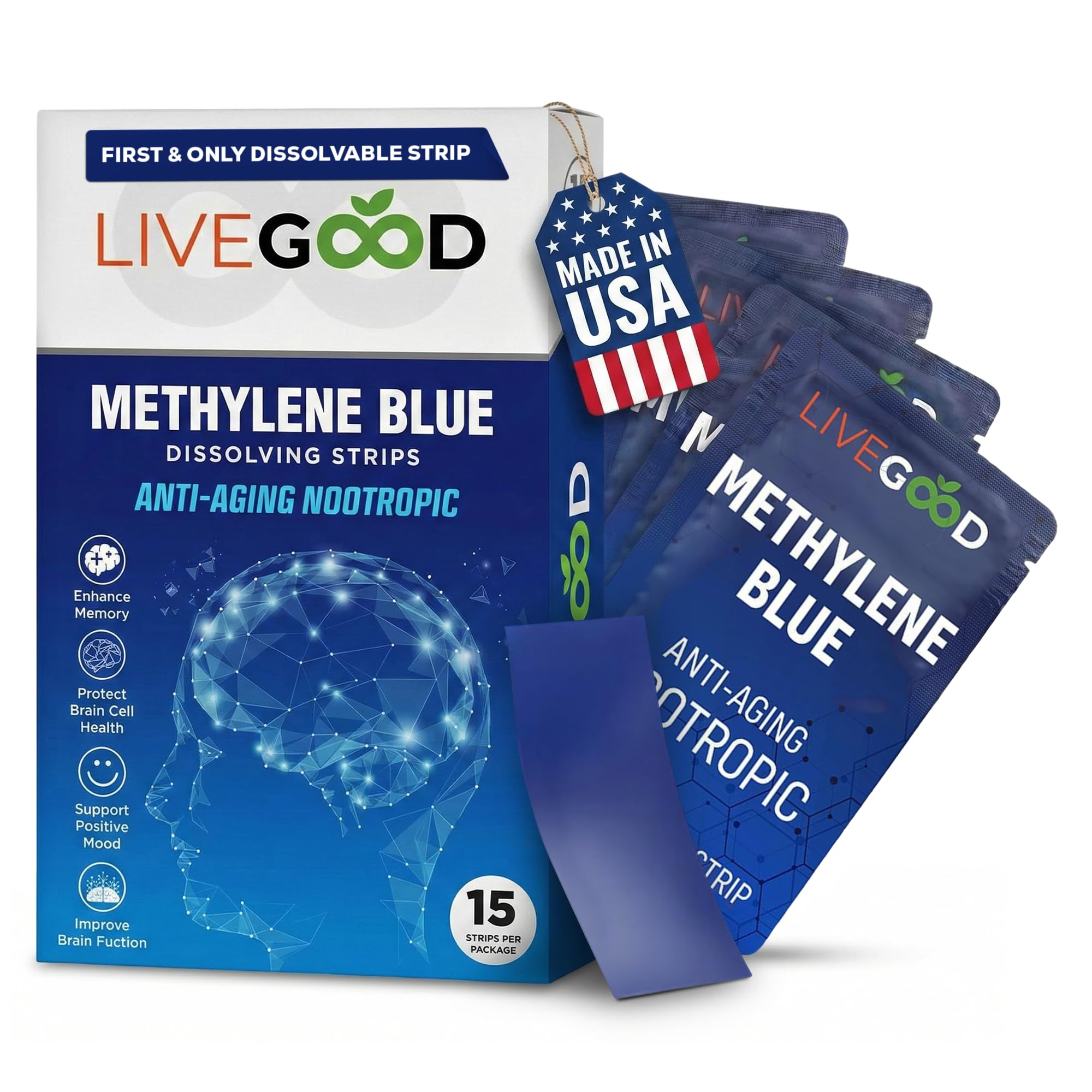 LIVEGOOD azul de metileno, empaque compacto para uso diario y enfoque sostenido.