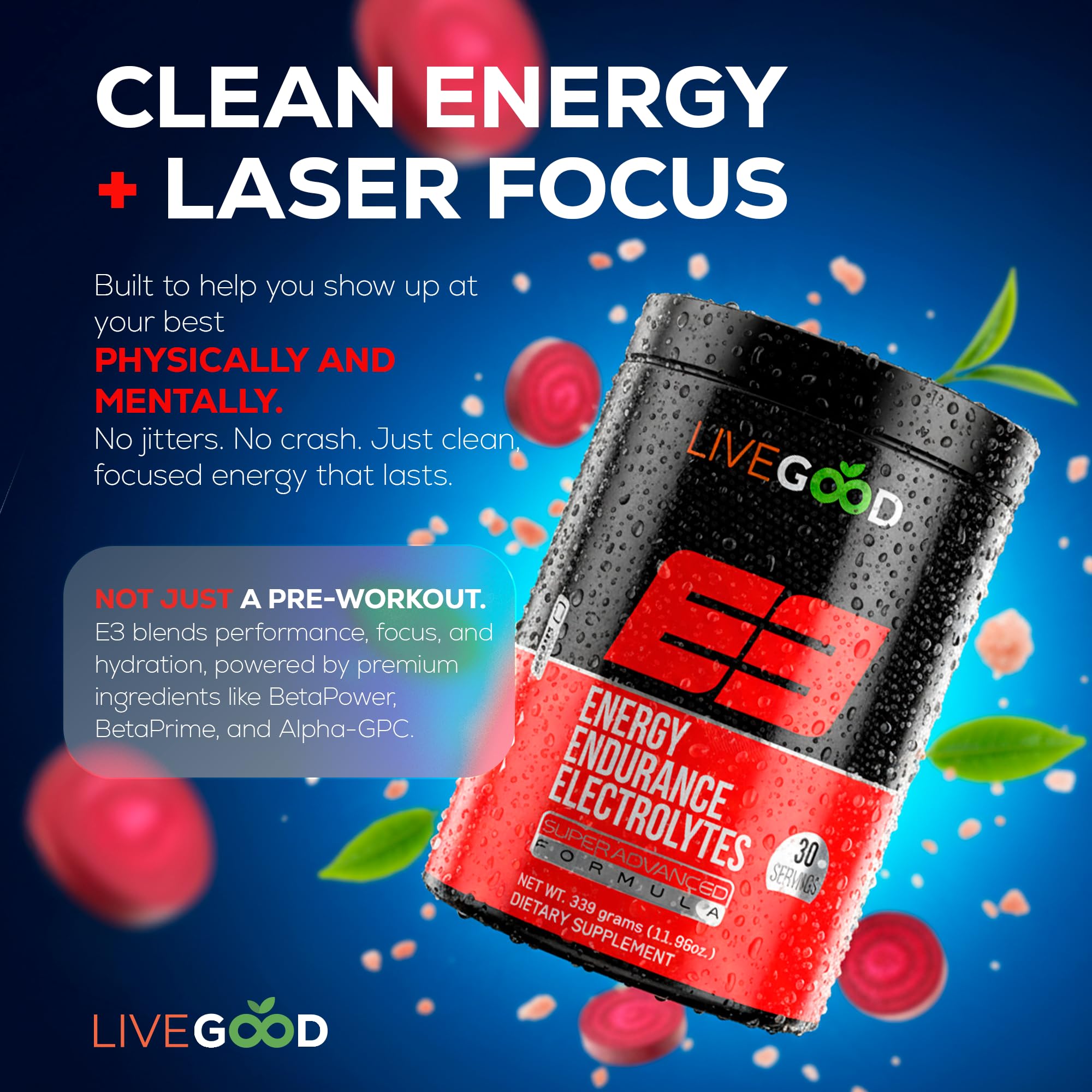 LIVEGOOD E3 etiqueta frontal muestra ingredientes clave para energía
