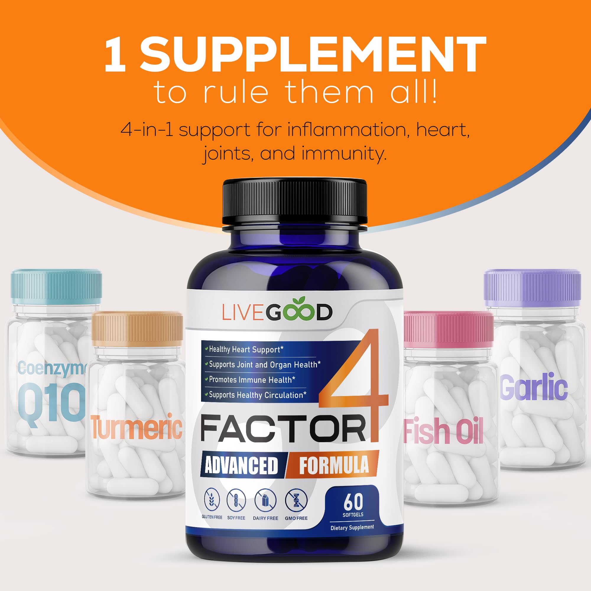 LIVEGOOD Factor 4, etiqueta frontal visible, muestra fórmula completa para apoyo diario.