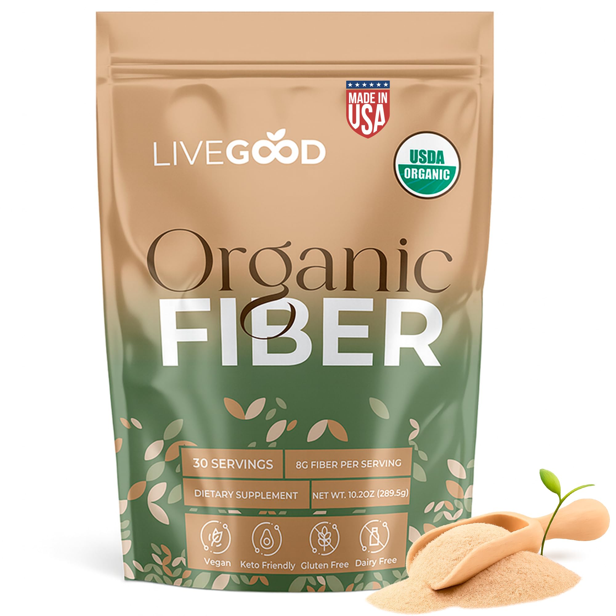 LIVEGOOD fibra orgánica, cuchara medida, facilita la dosificación diaria para regularidad.
