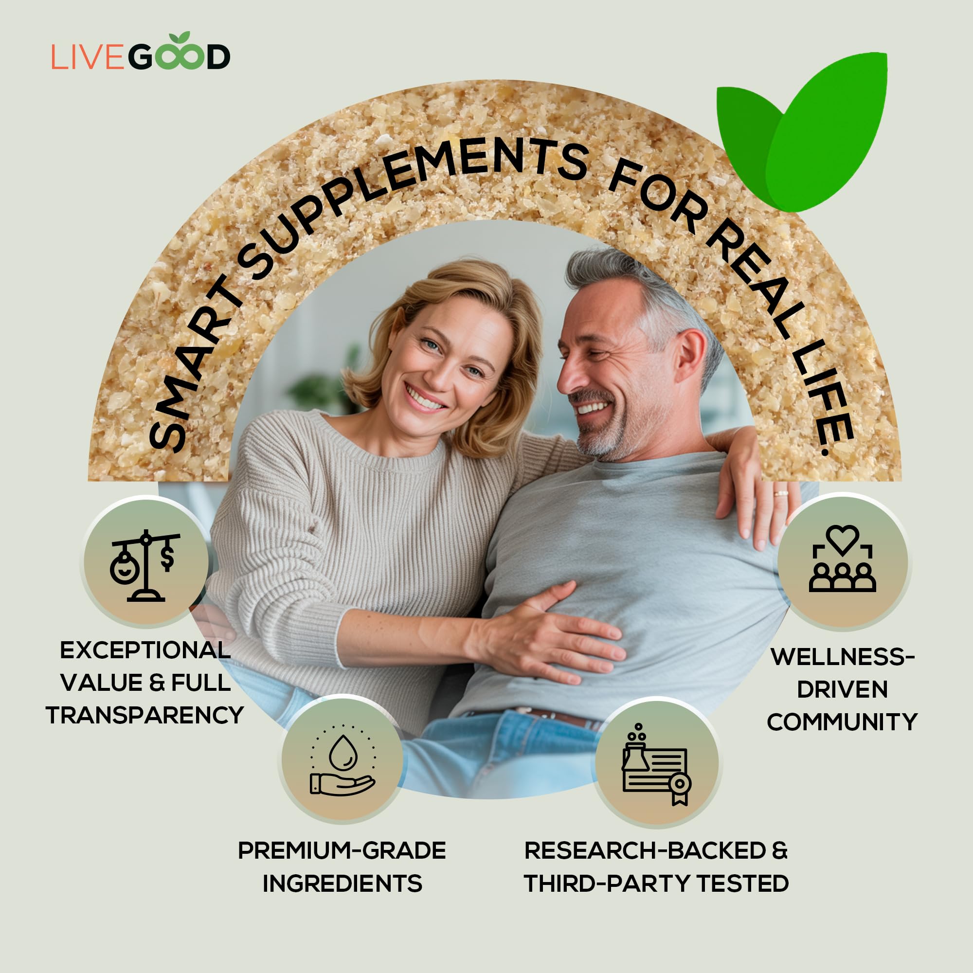 LIVEGOOD fibra orgánica, ingredientes vegetales visibles que respaldan una dieta equilibrada.