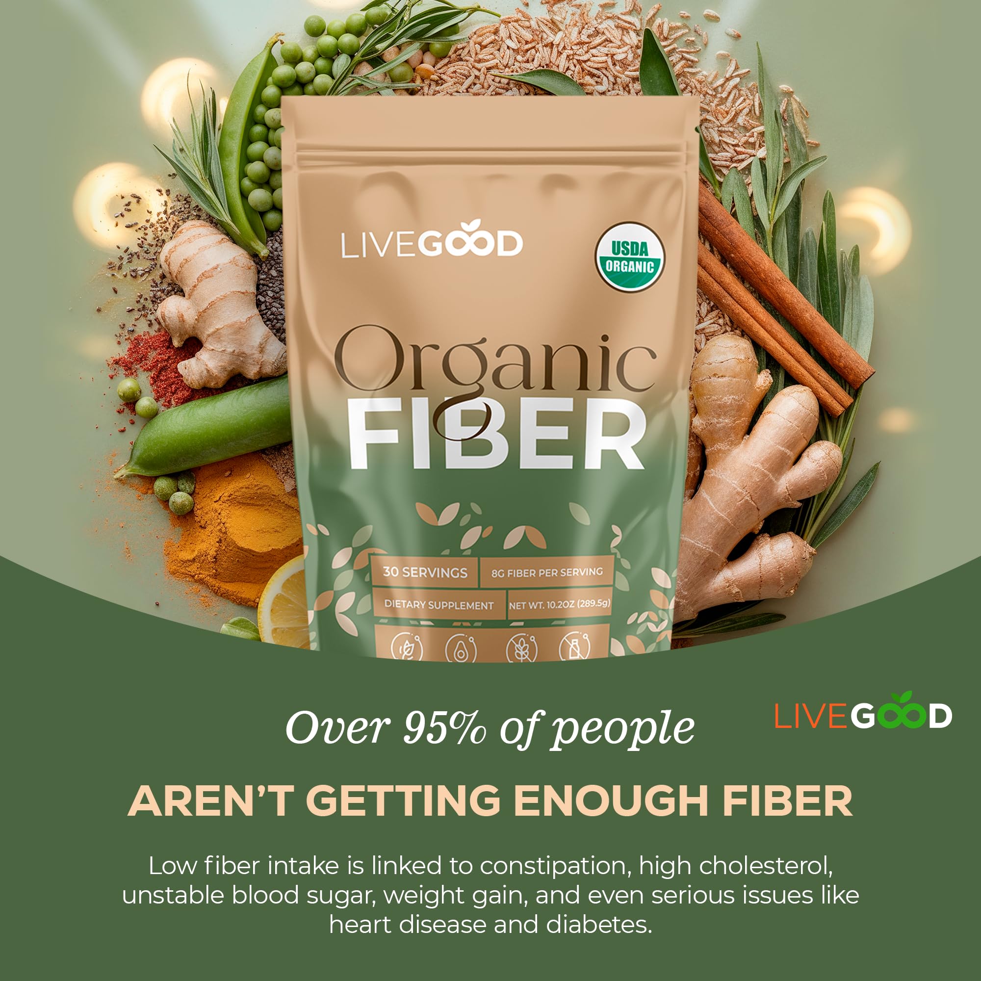 LIVEGOOD fibra orgánica, polvo mezclándose en agua, empieza el día con digestión suave.