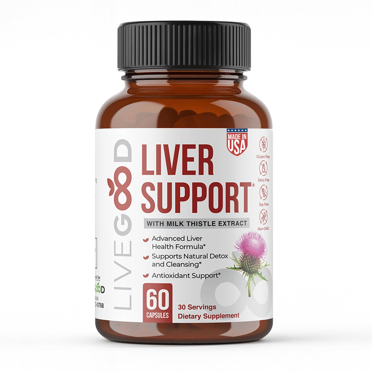 LIVEGOOD Liver Support cápsulas, vista frontal, posible apoyo digestivo diario.
