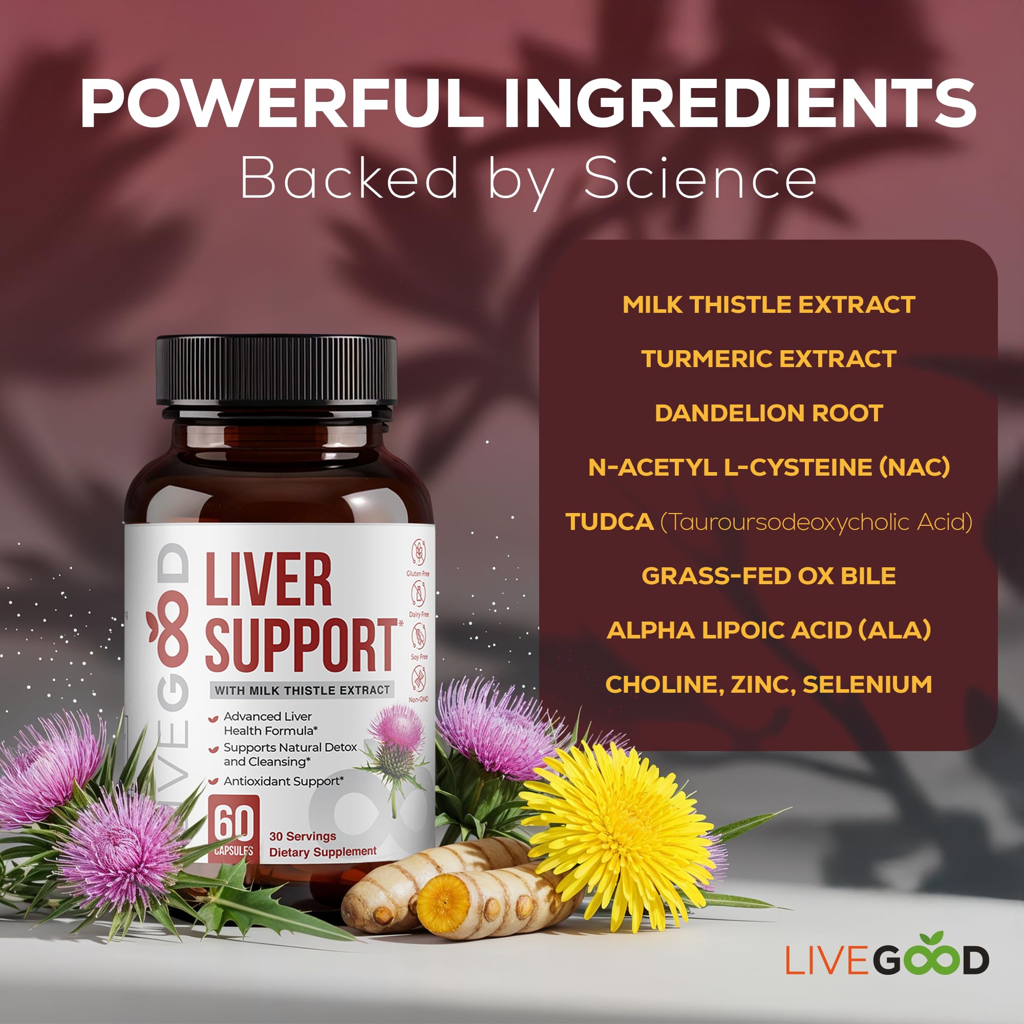 LIVEGOOD Liver Support envase de cápsulas, manejo diario cómodo.