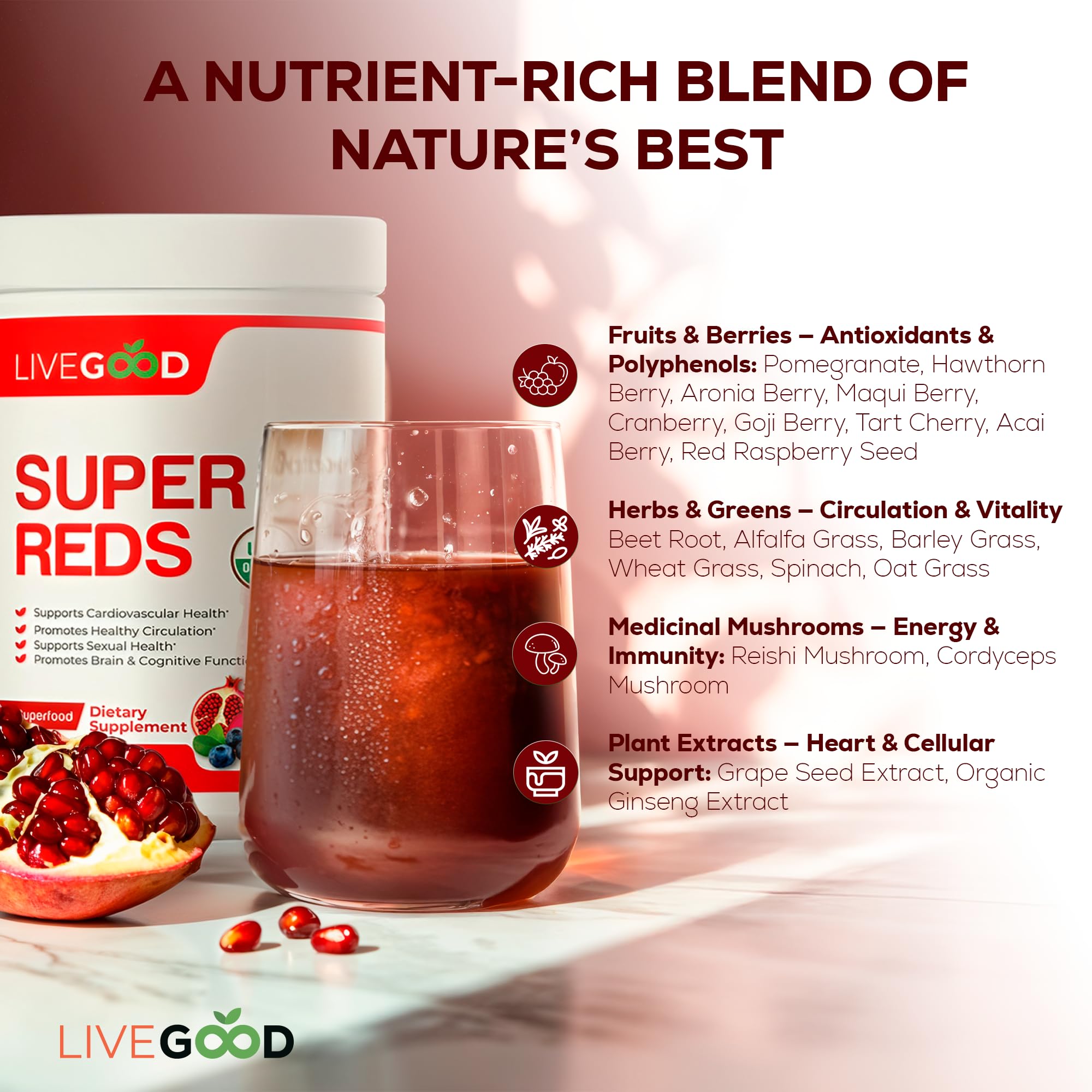 LiveGood Super Reds: envase de 30 porciones para consumo diario.