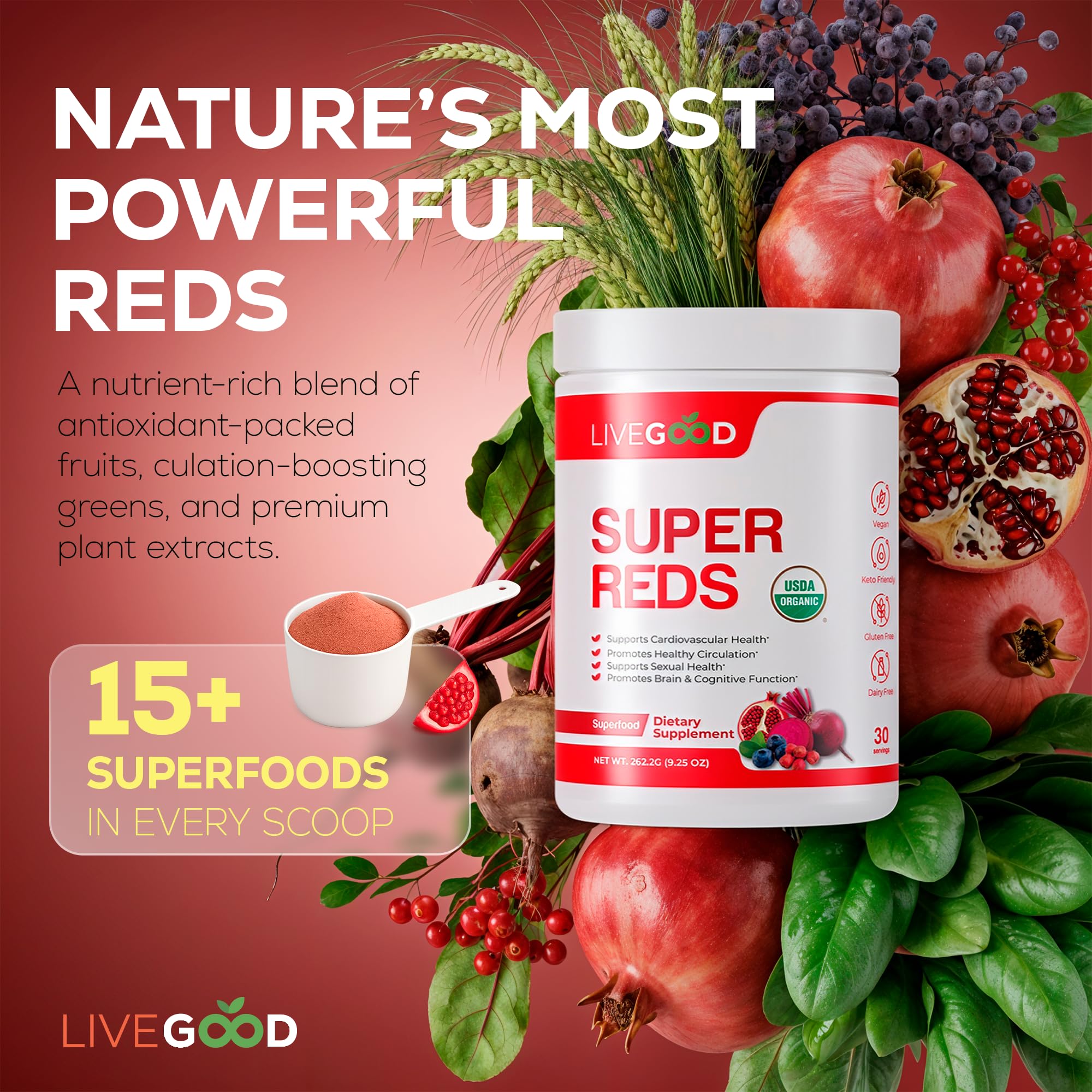 LiveGood Super Reds: mezcla antioxidante de frutos rojos para vitalidad.