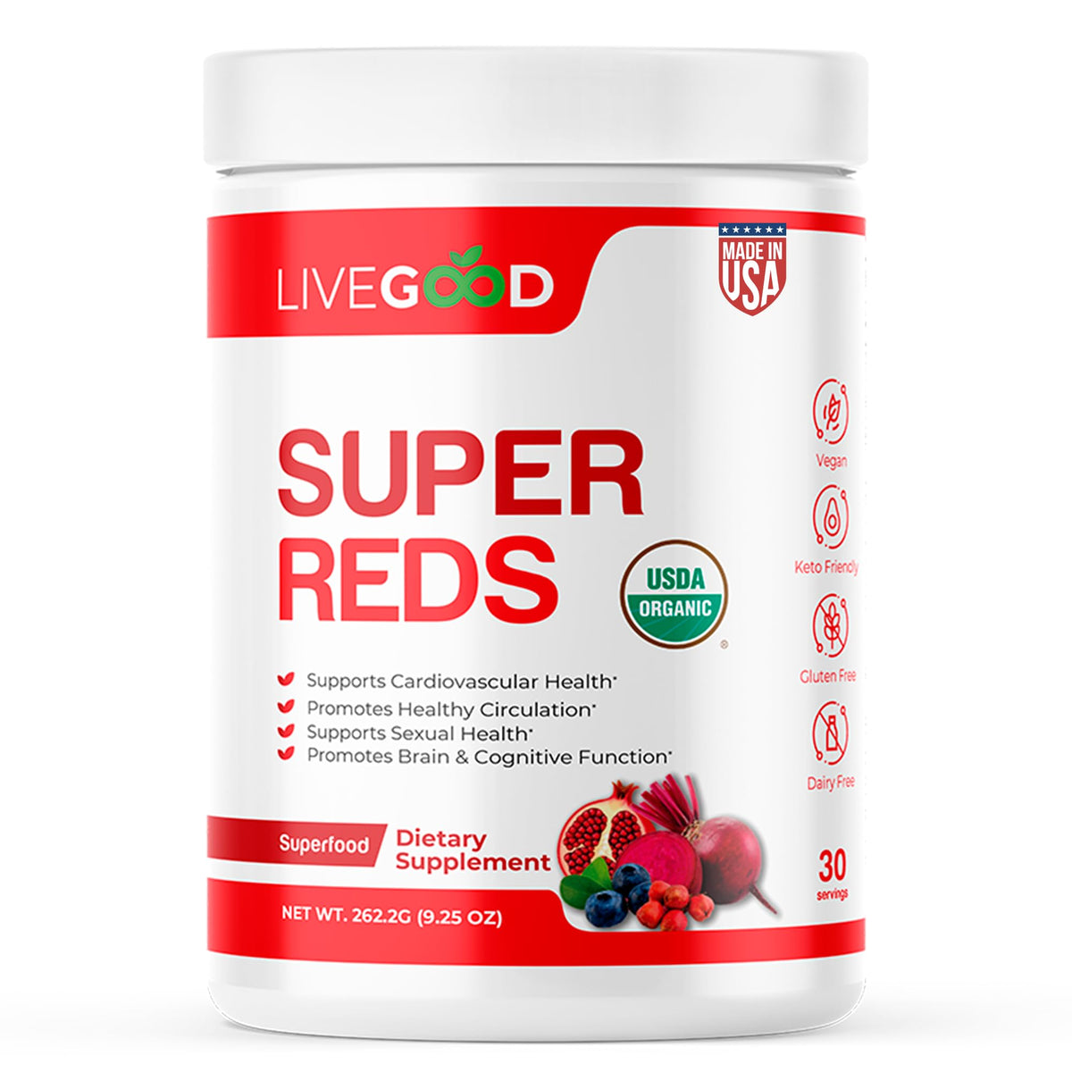 LiveGood Super Reds: polvo orgánico de frutos rojos para energía diaria.
