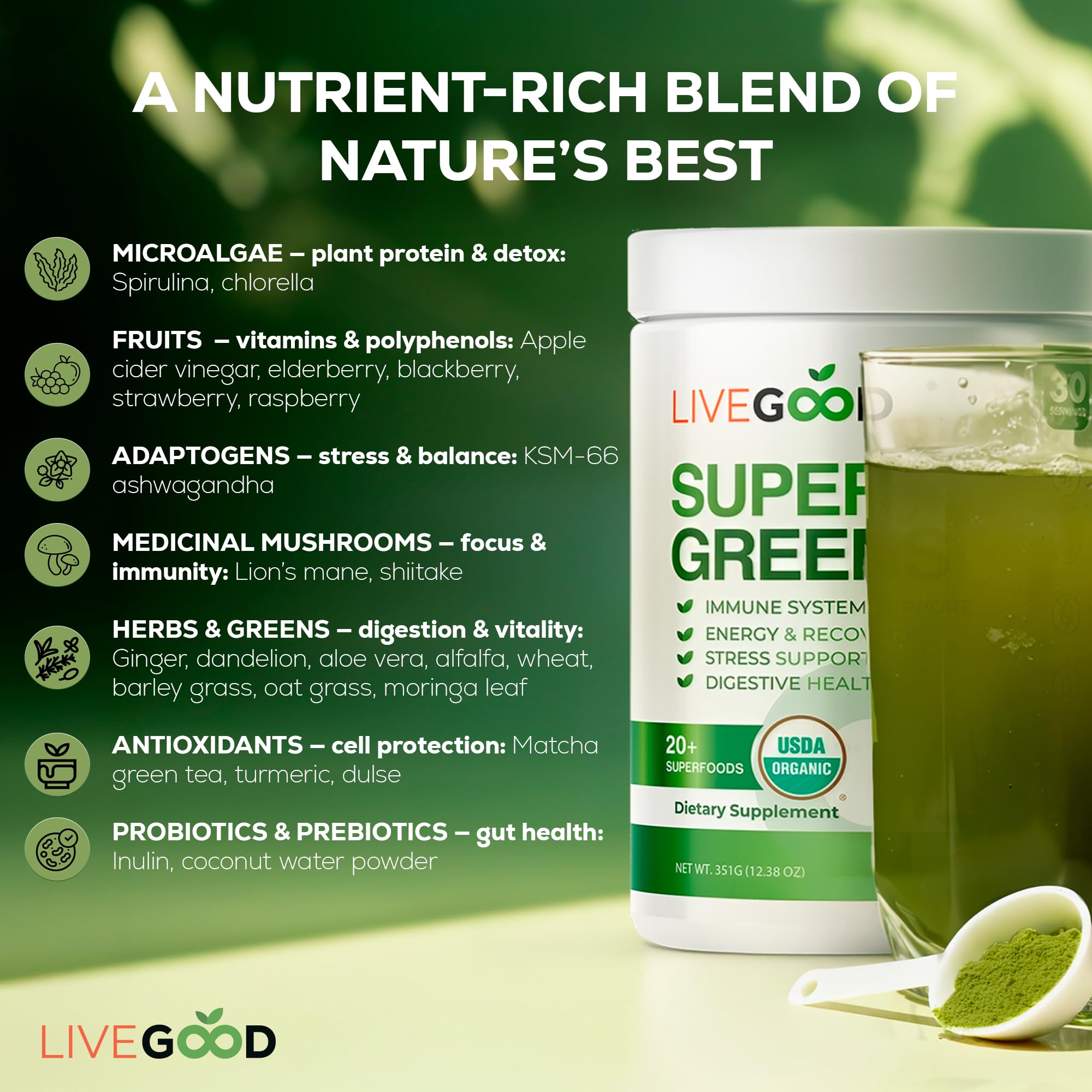 LIVEGOOD Verdes Orgánicos: lata de 30 porciones para uso diario.