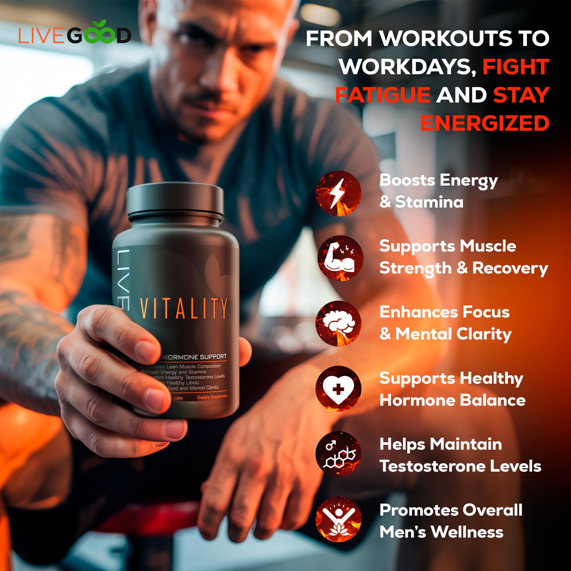LiveGOOD Vitalidad para Hombres, dos cápsulas diarias para apoyo nutricional constante.