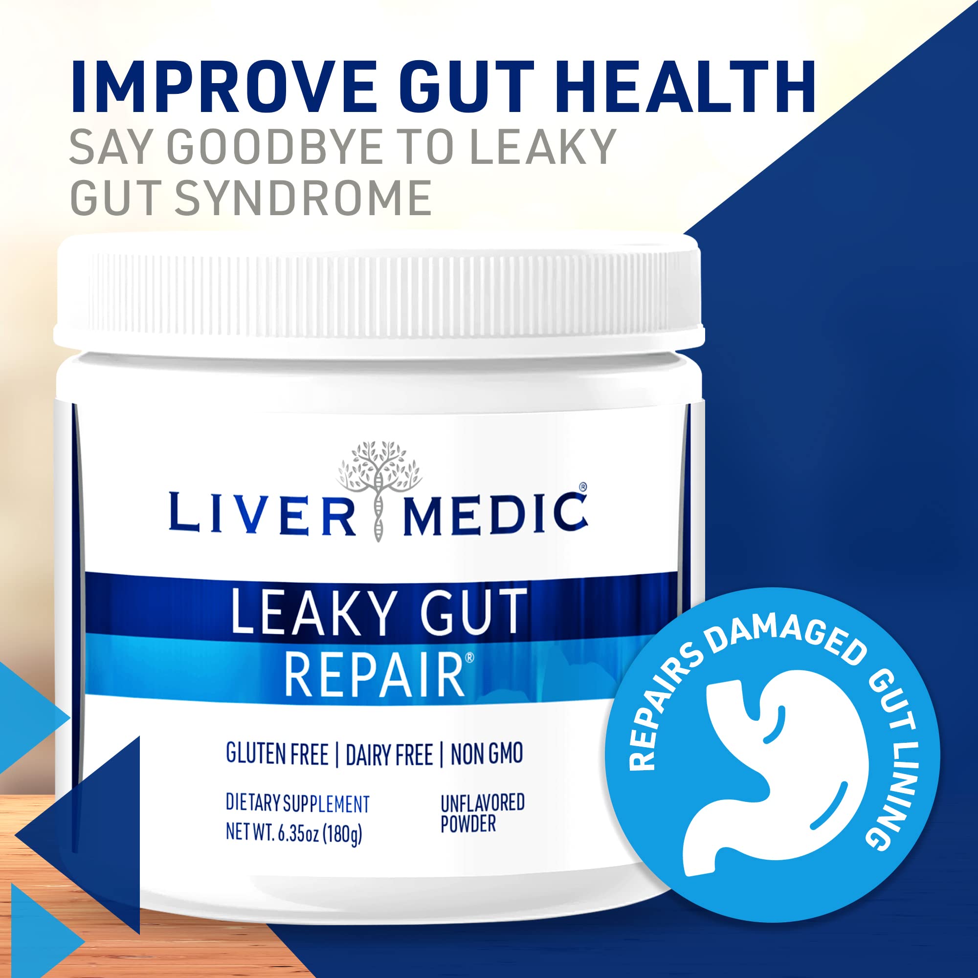 Liver Medic mezcla polvo en agua para alivio digestivo diario.