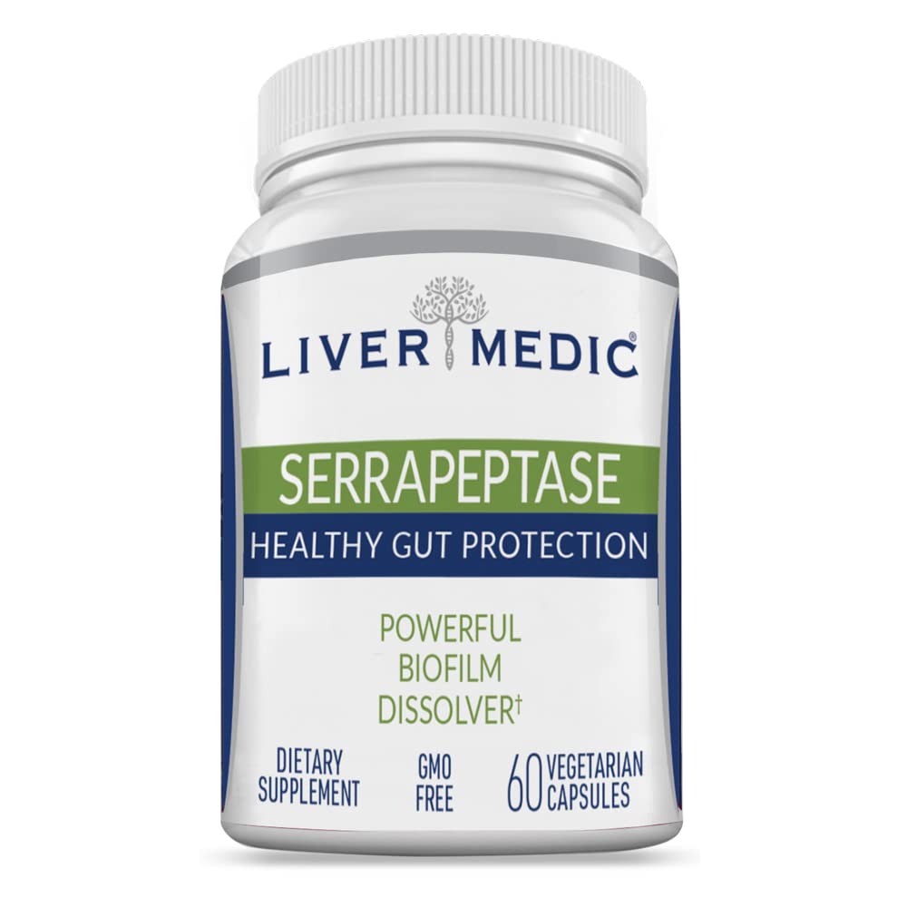 Liver Medic Serrapeptase, cápsulas para dosis diarias y potencial absorción.
