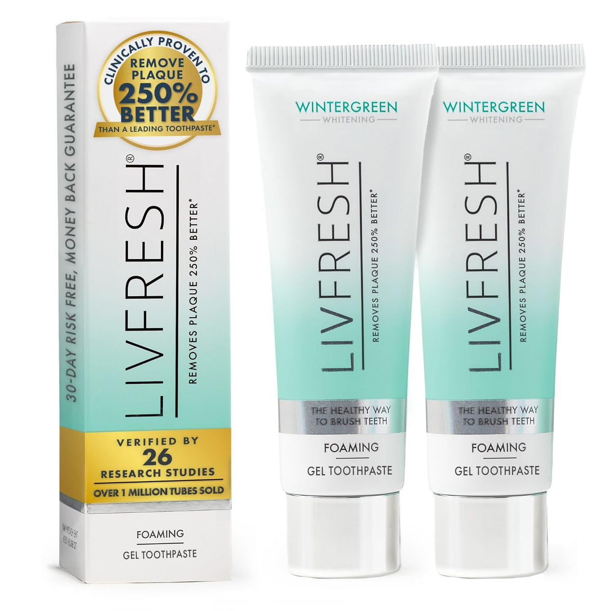 LIVFRESH gel dental frente: empaque y diseño práctico.