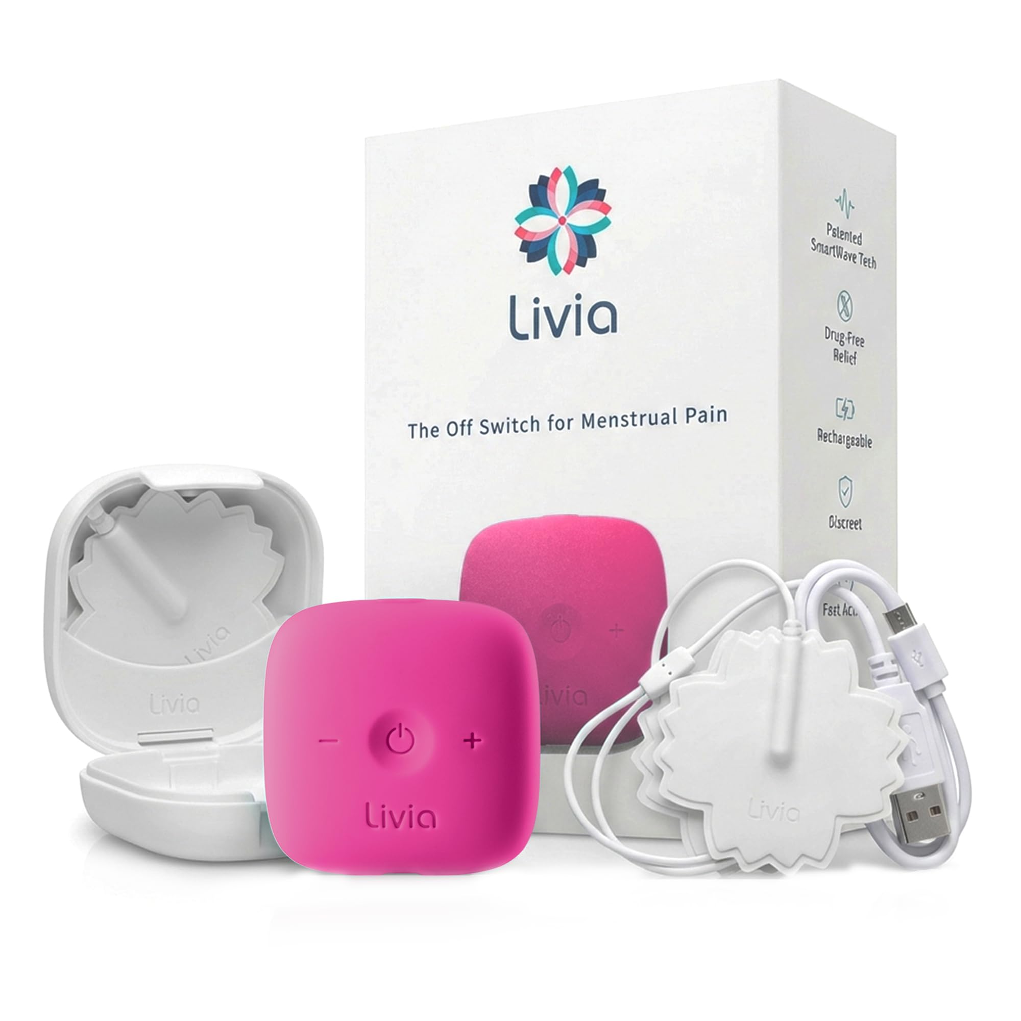 Dispositivo Livia rosa para alivio potencial de calambres durante el periodo.