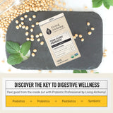 Living Alchemy Salud intestinal: cápsulas sobre fondo neutro para uso diario.