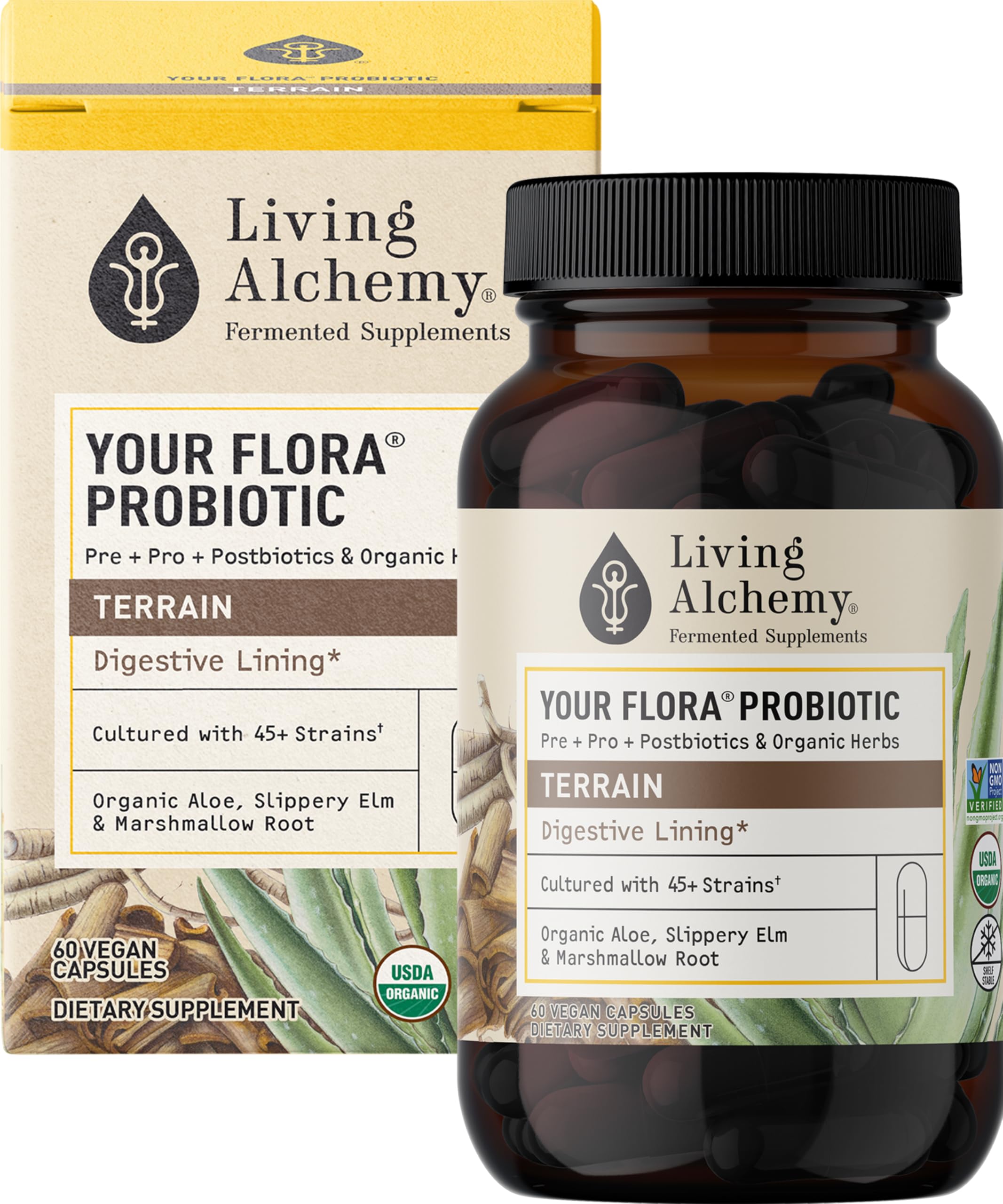 Living Alchemy Terreno de Tu Flora, botella con cápsulas para equilibrio digestivo.