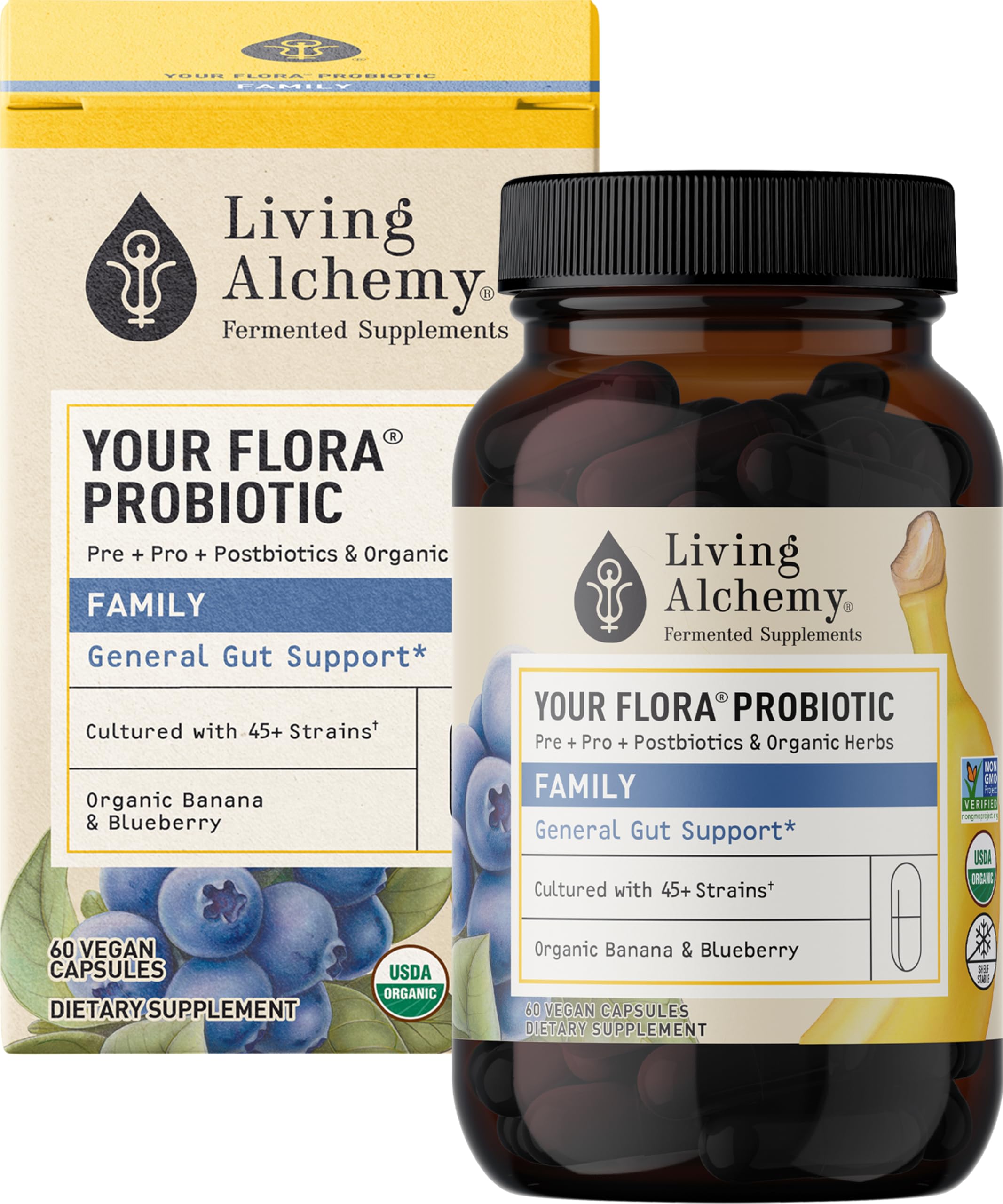 Living Alchemy Tu Familia Probiotica: frasco visible que apoya la digestión familiar.