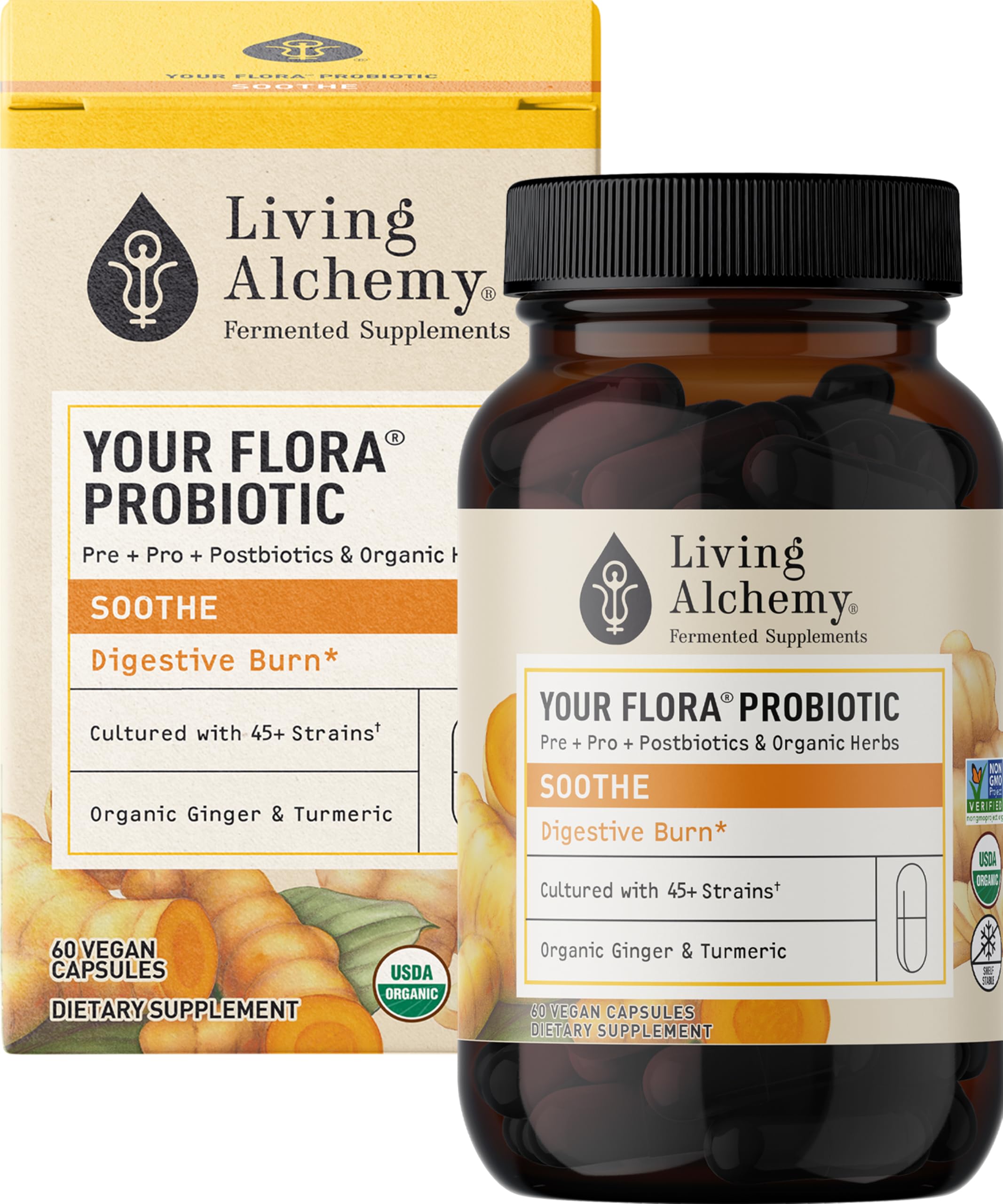 Living Alchemy Tu Flora Probiotico Calma cápsulas: apoyo digestivo suave y equilibrio intestinal.