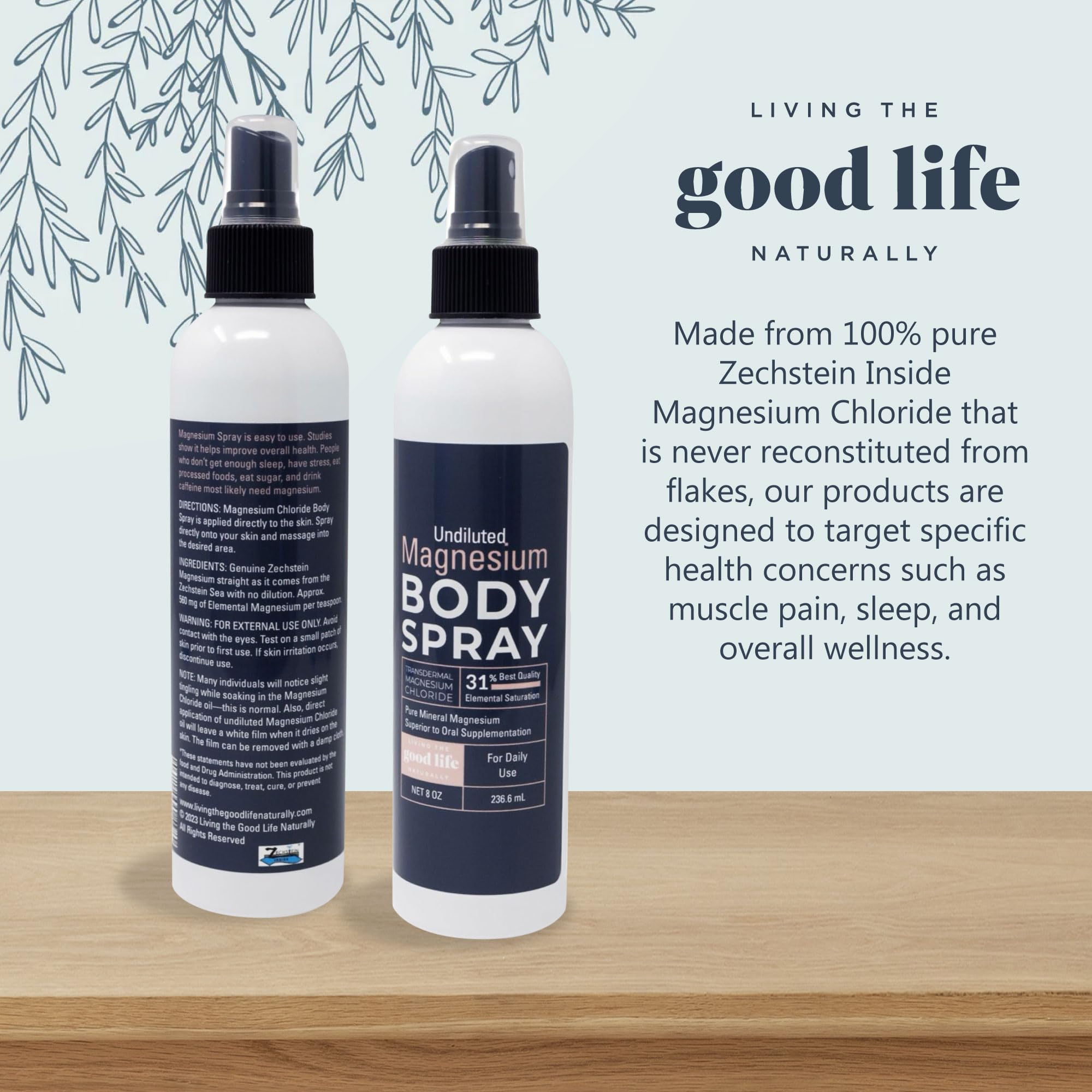 Living the Good Life Naturally Magnesium Spray, aplicación en cuerpo para sensación de alivio muscular suave.