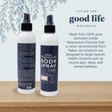 Living the Good Life Naturally Magnesium Spray, aplicación en cuerpo para sensación de alivio muscular suave.