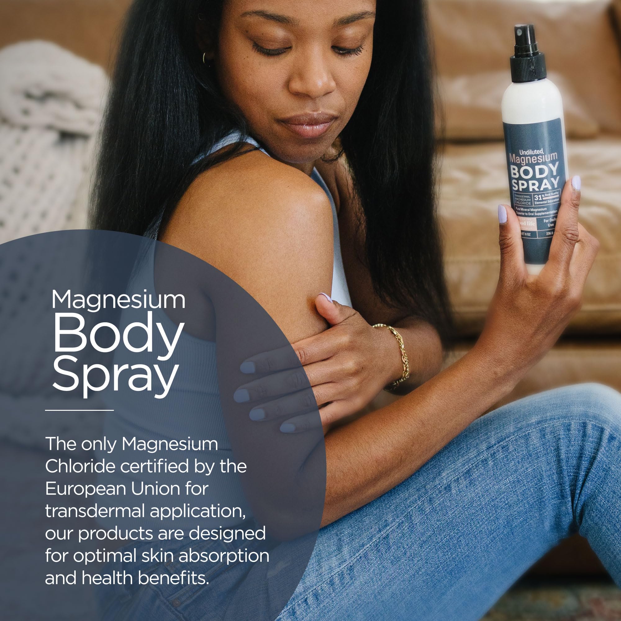 Living the Good Life Naturally Magnesium Spray, aplicación en pies para relajación nocturna.